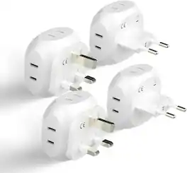 Ceptics - Europe Travel Adapter Plug Set – 4-in-1 Input – USA to Type C & G – UK, Ireland, France, Germany – 4 Pack - White