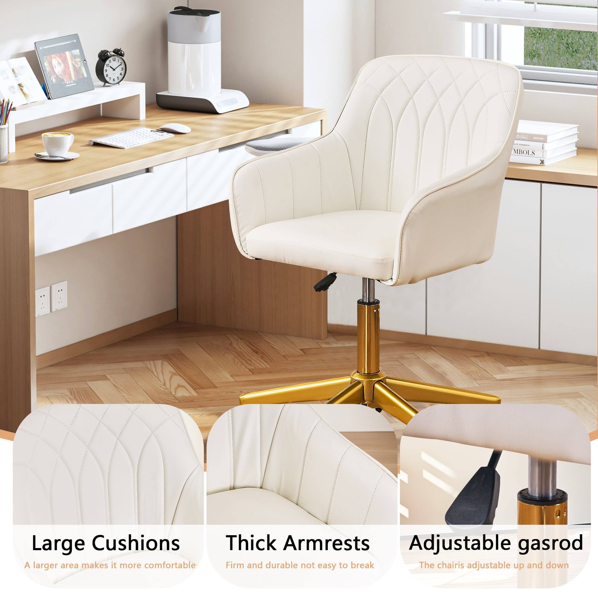 1. Large Cushions
   - A larger area makes it more comfortable

2. Thick Armrests
   - Firm and durable not easy to break

3. Adjustable gasrod
   - The chair is adjustable up and down