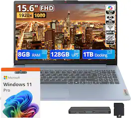 Lenovo - Upgraded - IdeaPad 3i 15.6" FHD Laptop,Intel Processor N150,8GB RAM,128GB UFS+1TB Docking Set,Wi-Fi 6,Win 11 Pro - Frost Blue