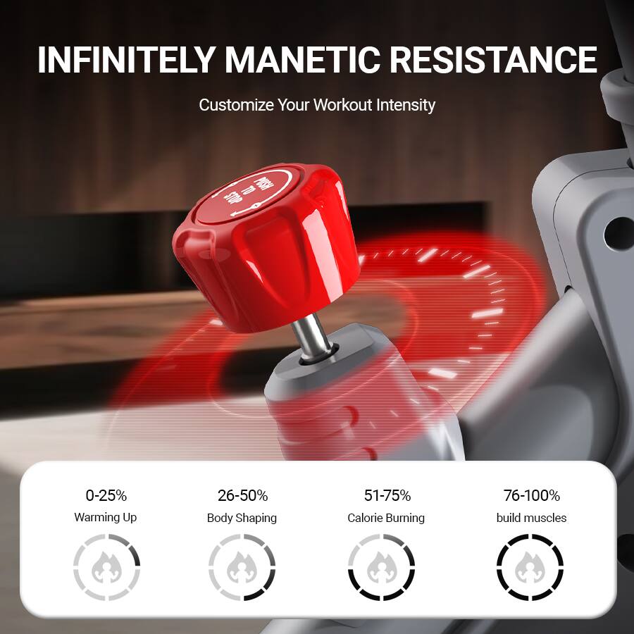 INFINITELY MAGNETIC RESISTANCE  
Customize Your Workout Intensity  

0-25% Warming Up  
26-50% Body Shaping  
51-75% Calorie Burning  
76-100% Build Muscles