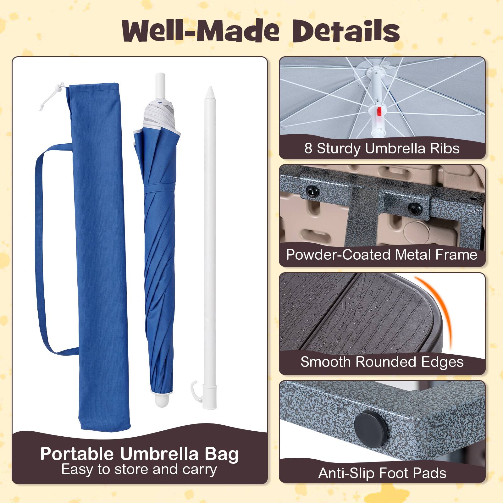 Well-Made Details

- 8 Sturdy Umbrella Ribs
- Powder-Coated Metal Frame
- Smooth Rounded Edges
- Anti-Slip Foot Pads

Portable Umbrella Bag
Easy to store and carry