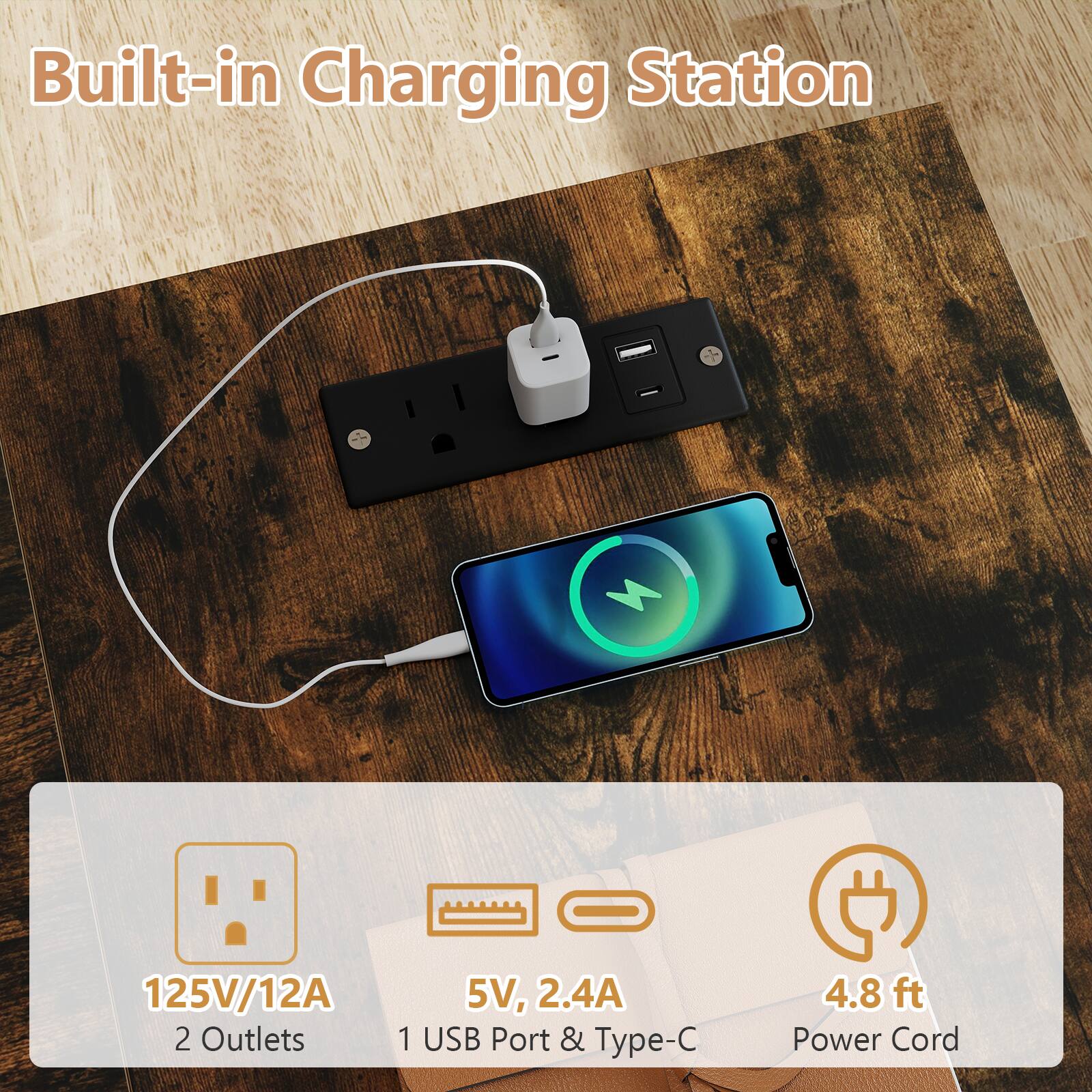 Built-in Charging Station  
125V/12A  
2 Outlets  
5V, 2.4A  
1 USB Port & Type-C  
4.8 ft Power Cord