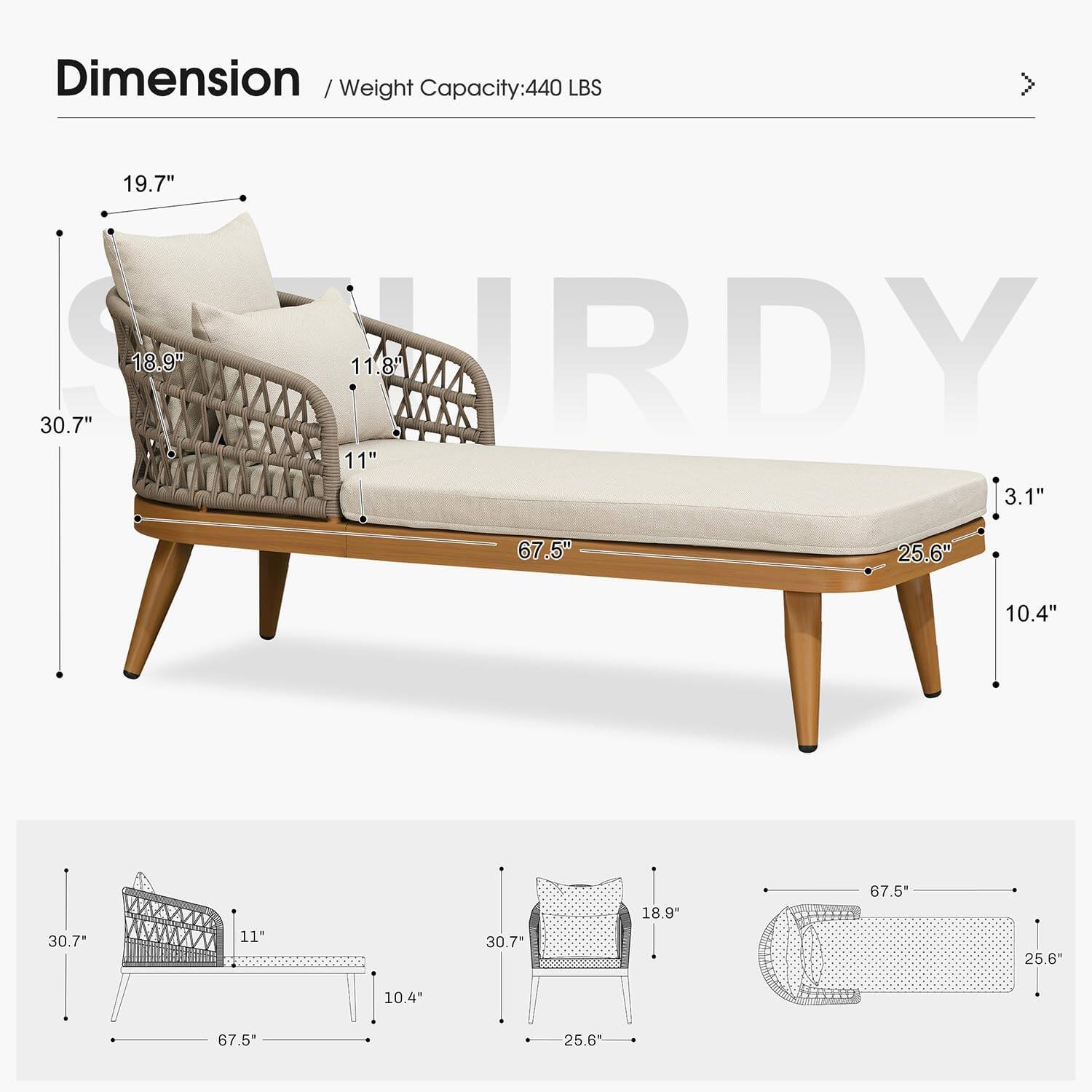 Dimension / Weight Capacity: 440 LBS  
30.7" x 19.7" x 18.9" x 11.8" x 3.1"  
67.5" x 25.6" x 10.4"