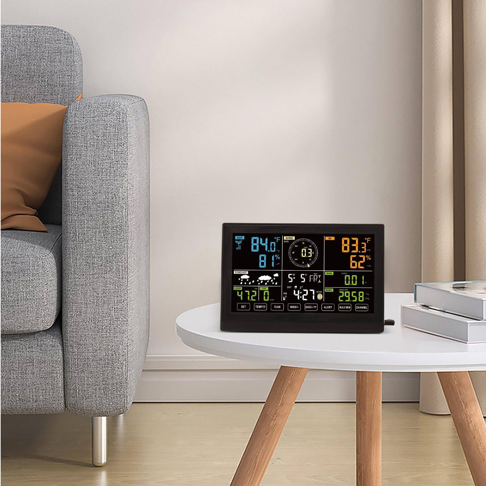 Sure, here is the corrected and grouped text from the image:

- **Temperature**: 84.0°F
- **Humidity**: 81%
- **Wind Speed**: 83.3 mph
- **Wind Gust**: 83.3 mph
- **Wind Direction**: 03°
- **Wind Chill**: 62°F
- **Dew Point**: 72°F
- **Rain**: 0.01"
- **Time**: 4:27
- **Date**: 5:5 FRI
- **Barometer**: 29.58"
- **Alarm**: 4:27
- **Channel**: 1