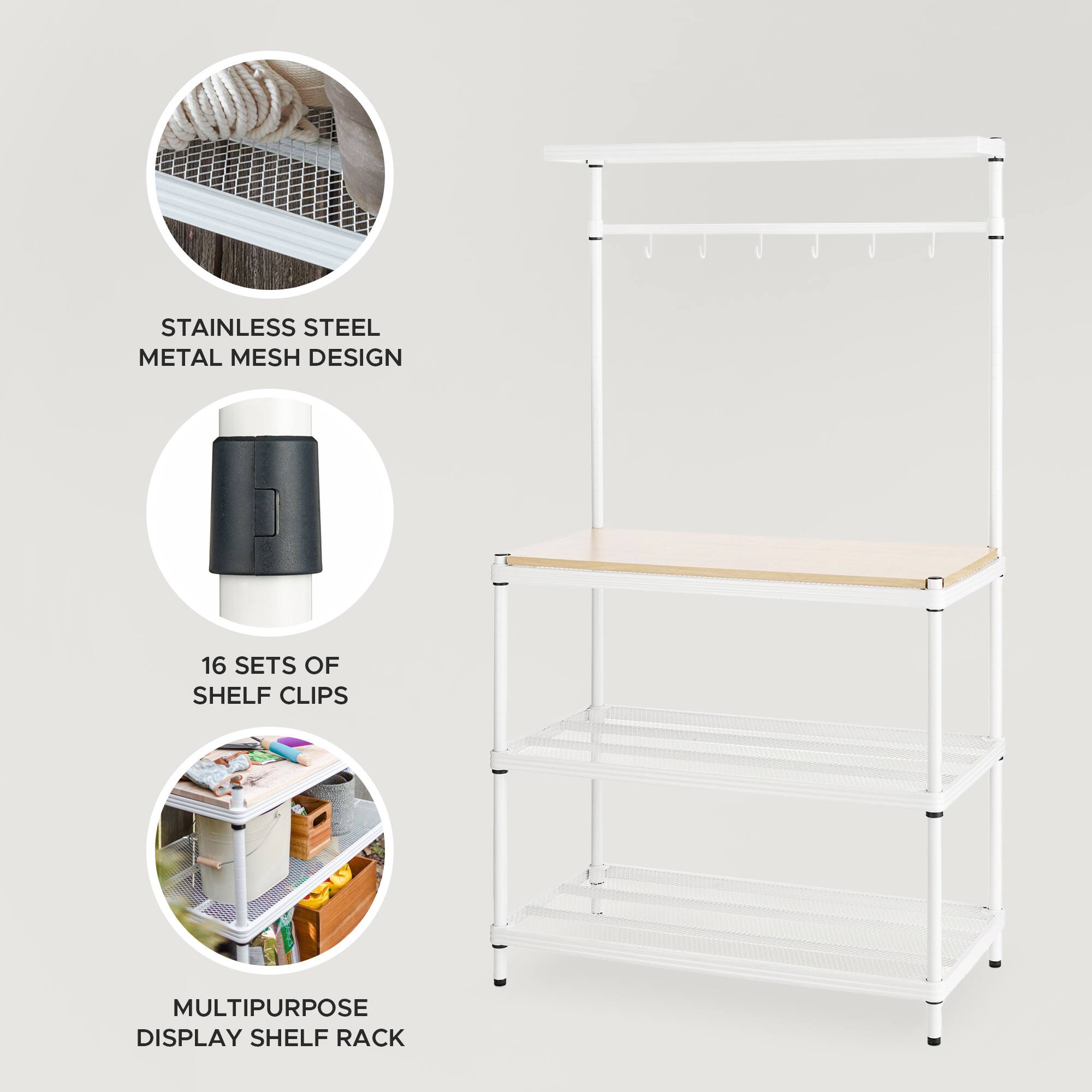 STAINLESS STEEL METAL MESH DESIGN  
16 SETS OF SHELF CLIPS  
MULTIPURPOSE DISPLAY SHELF RACK