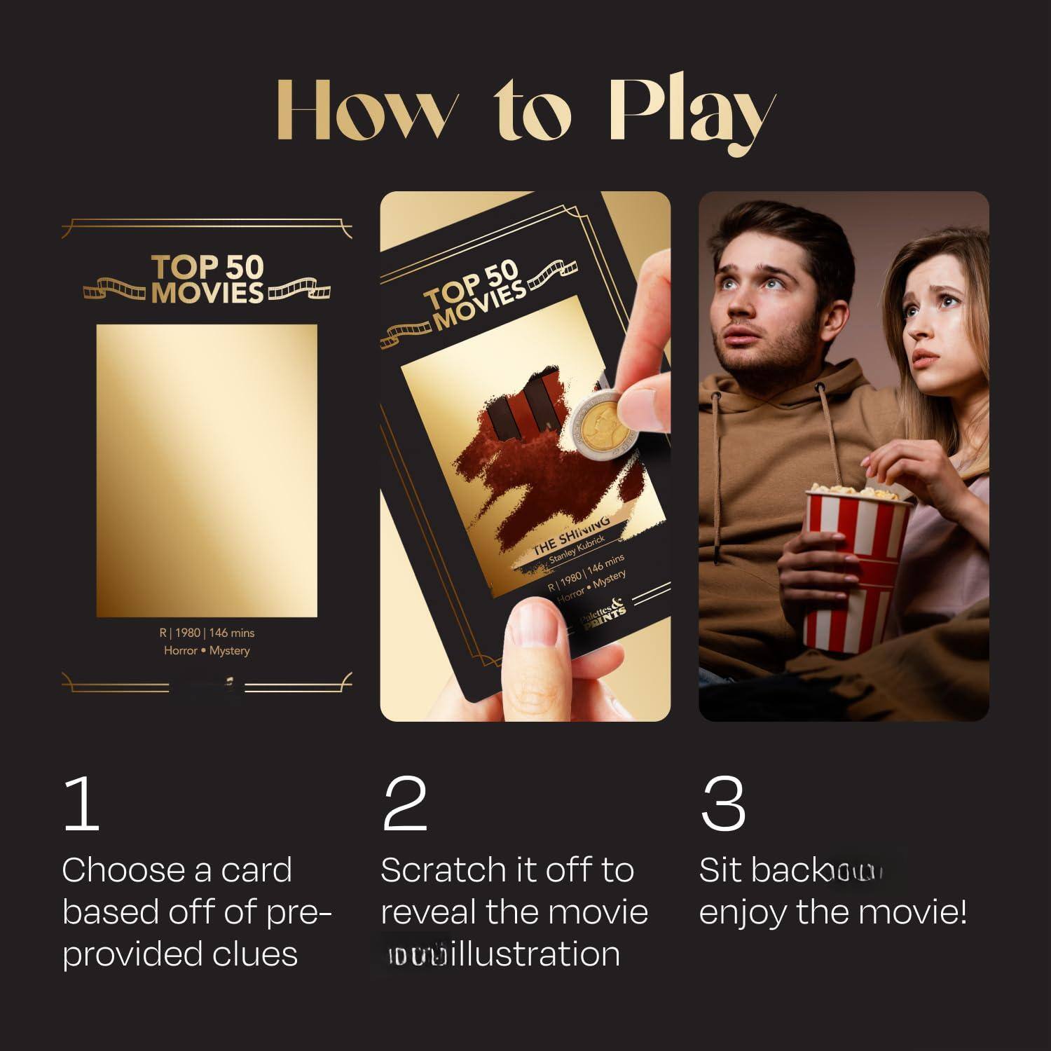 How to Play

1. Choose a card based off of pre-provided clues
2. Scratch it off to reveal the movie illustration
3. Sit back and enjoy the movie!