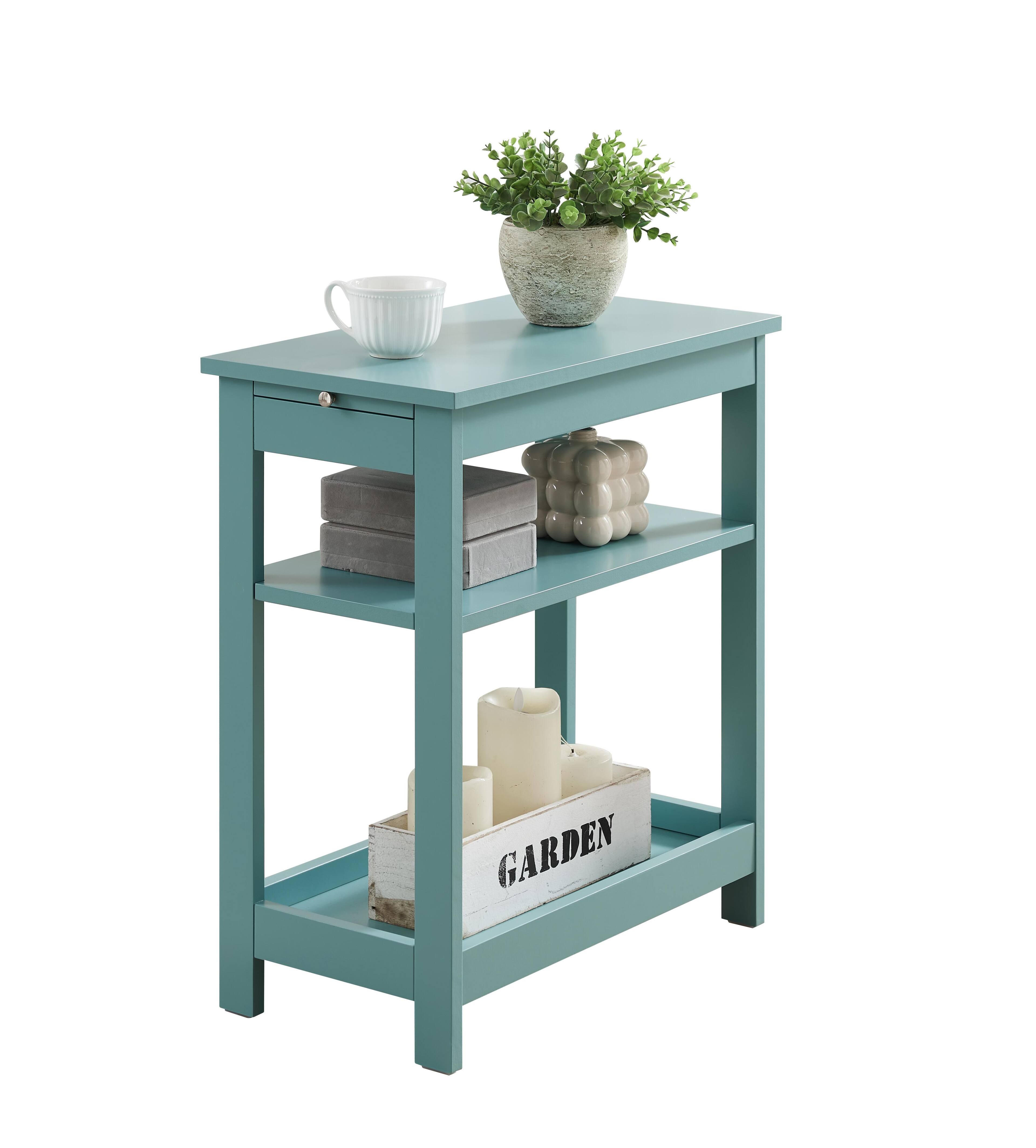 Angle. Kings Brand Furniture - Kings Brand Furniture Slim Wood Side End Table with Storage Shelves & Pull-Out Tray - Dark Green.