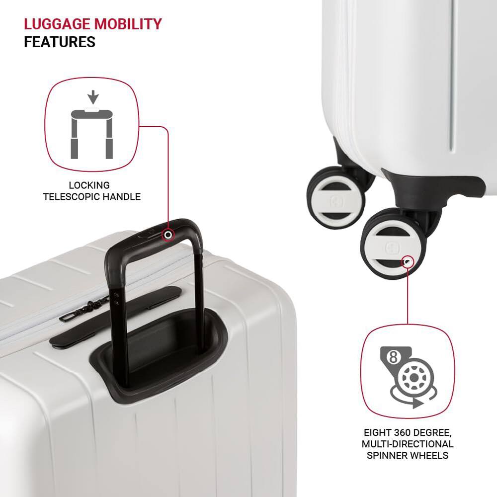 LUGGAGE MOBILITY FEATURES

LOCKING TELESCOPIC HANDLE

EIGHT 360 DEGREE, MULTI-DIRECTIONAL SPINNER WHEELS
