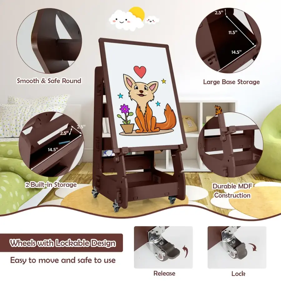 The text on the image can be grouped and corrected as follows:

1. Features:
* Smooth & Safe Round
* Large Base Storage
* Built-in Storage
* Durable MDF Construction
* Wheels with Lockable Design
* Easy to move and safe to use
* Release Lock
2. Measurements:
* 2.5"
* 11.5"
* 14.5"