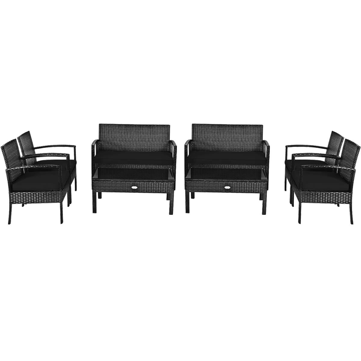 Costway - 8 PCS Outdoor Patio Rattan Furniture Set Cushioned Sofa Coffee Table Garden Deck - Black