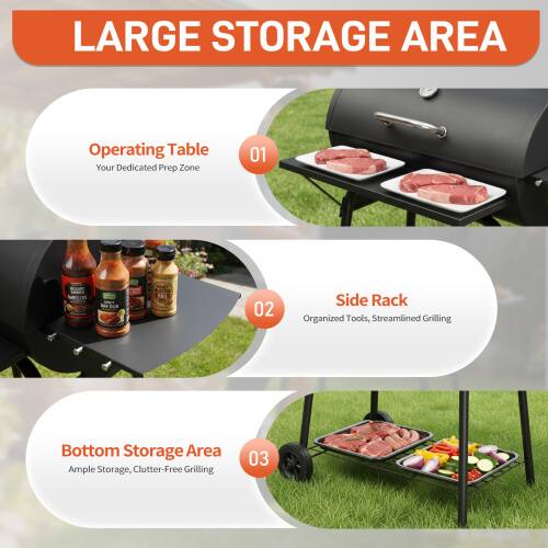 LARGE STORAGE AREA

01 Operating Table  
Your Dedicated Prep Zone

02 Side Rack  
Organized Tools, Streamlined Grilling

03 Bottom Storage Area  
Ample Storage, Clutter-Free Grilling