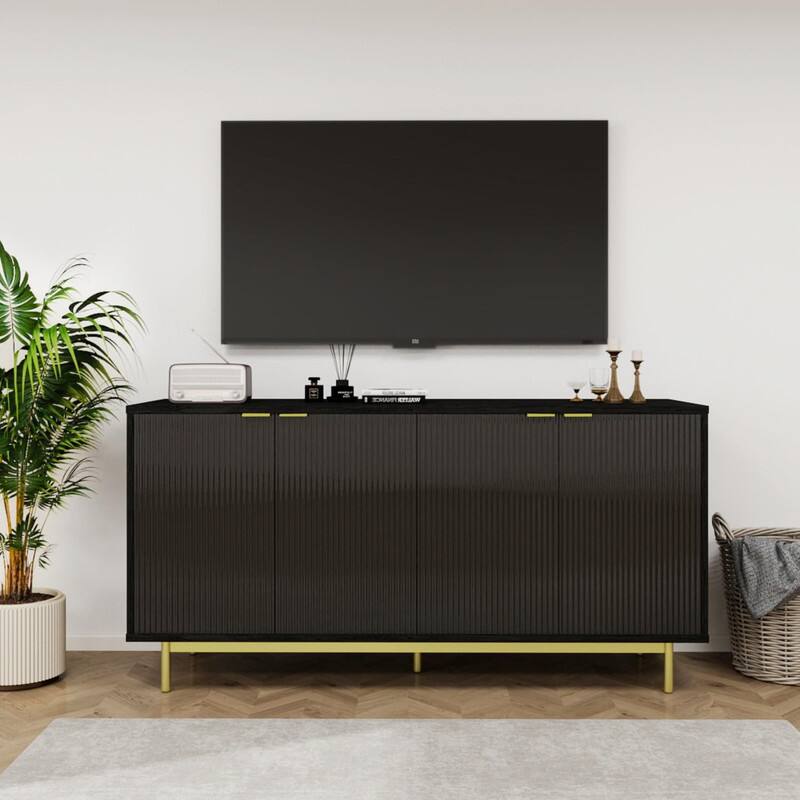 Alt View 2. Dyonery - Buffet Cabinet with Storage, 58” Large Sideboard with Shelves and 4 Doors, Fluted Sideboard Coffee Bar Cabinet - Black.