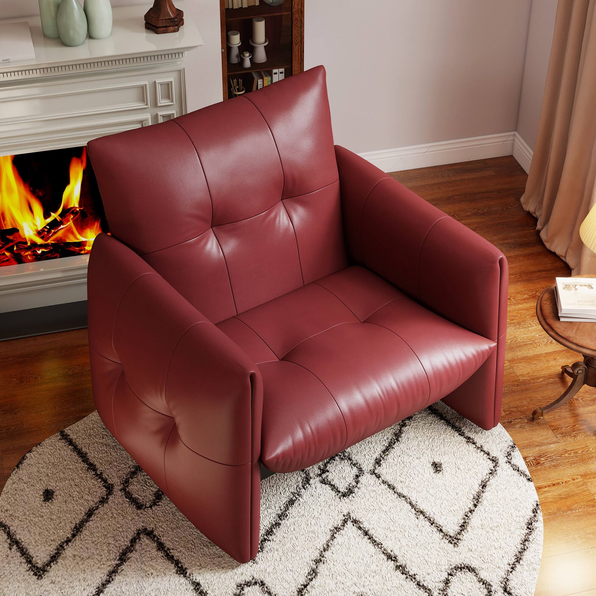 Back. luck idea - Modern 34.64" Lounge Accent Chair Sofa, Faux Leather Upholstered Armchair with Thick Cushion & Solid Wood Frame - Wine Red.