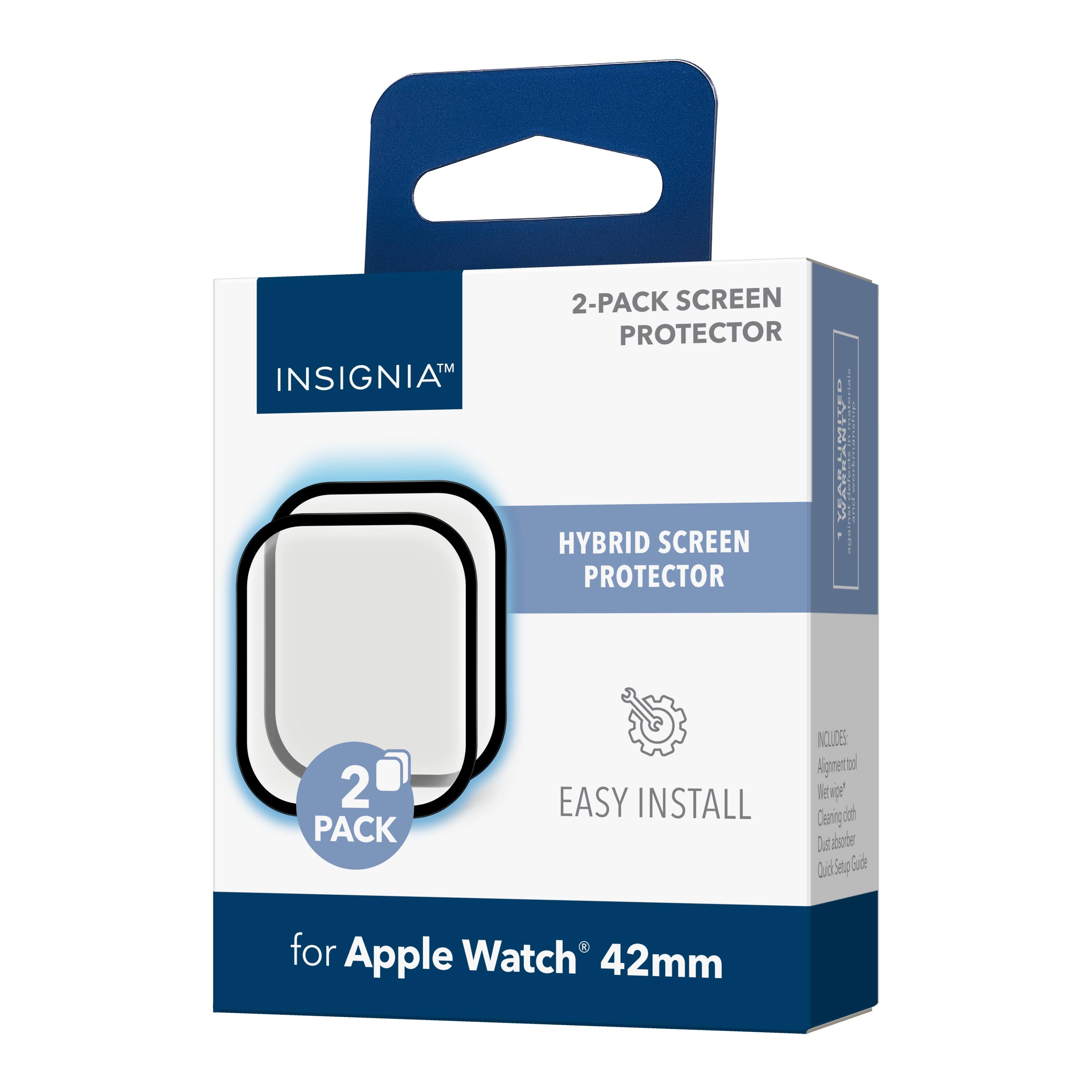 INSIGNIA™  
2-PACK SCREEN PROTECTOR  

HYBRID SCREEN PROTECTOR  

EASY INSTALL  

for Apple Watch® 42mm  

2 PACK  

INCLUDES:  
Alignment tool  
New wiper  
Cleaning cloth  
Dusting brush  
Quick Start Guide