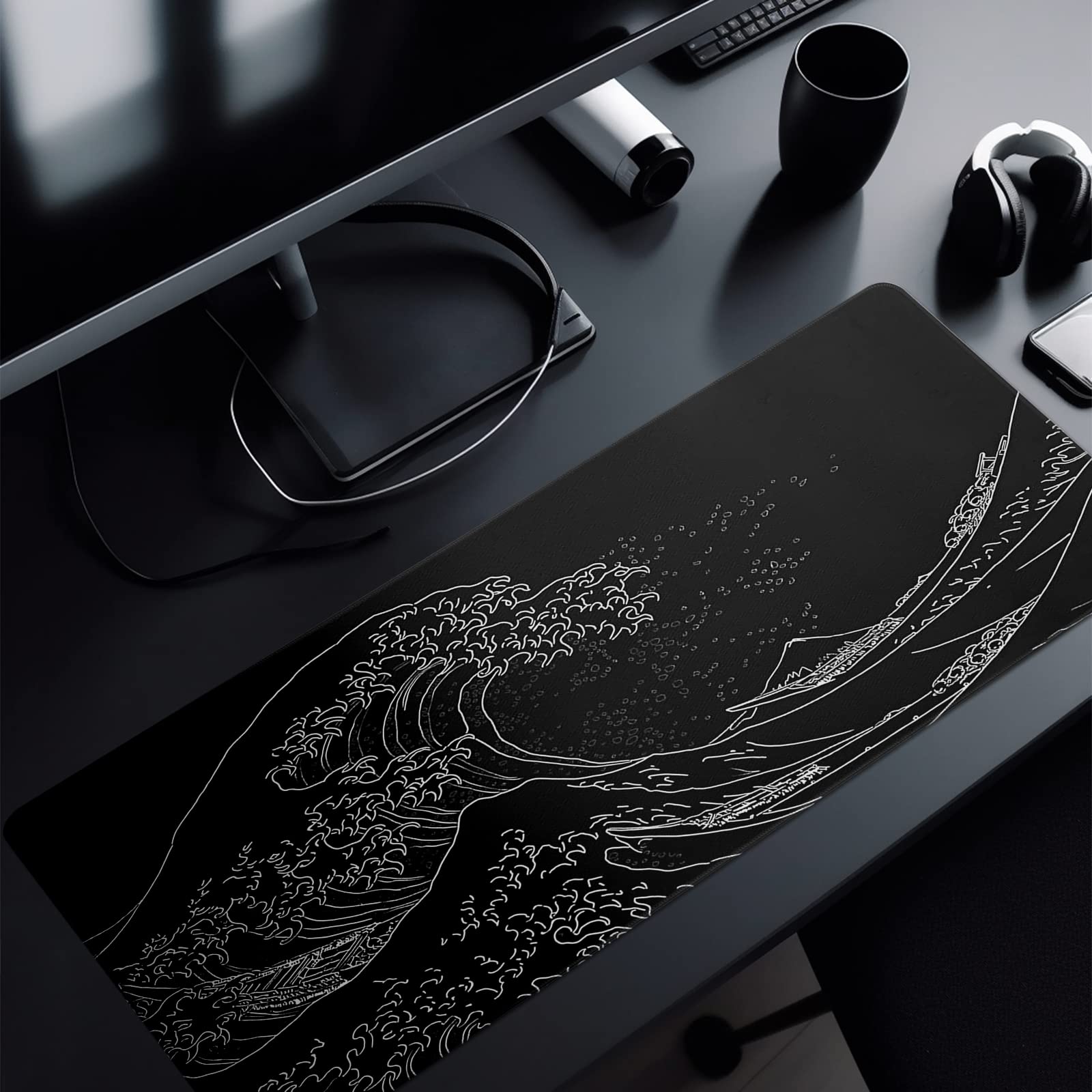 Alt View 3. Cozy Serene - Gaming Mouse Pad Abstract Black 31 5x11 8 Inch Sea Wave Texture Non-slip Rubber Base Large Mousepad Stitched Edges Mat - Stylish Geometric.
