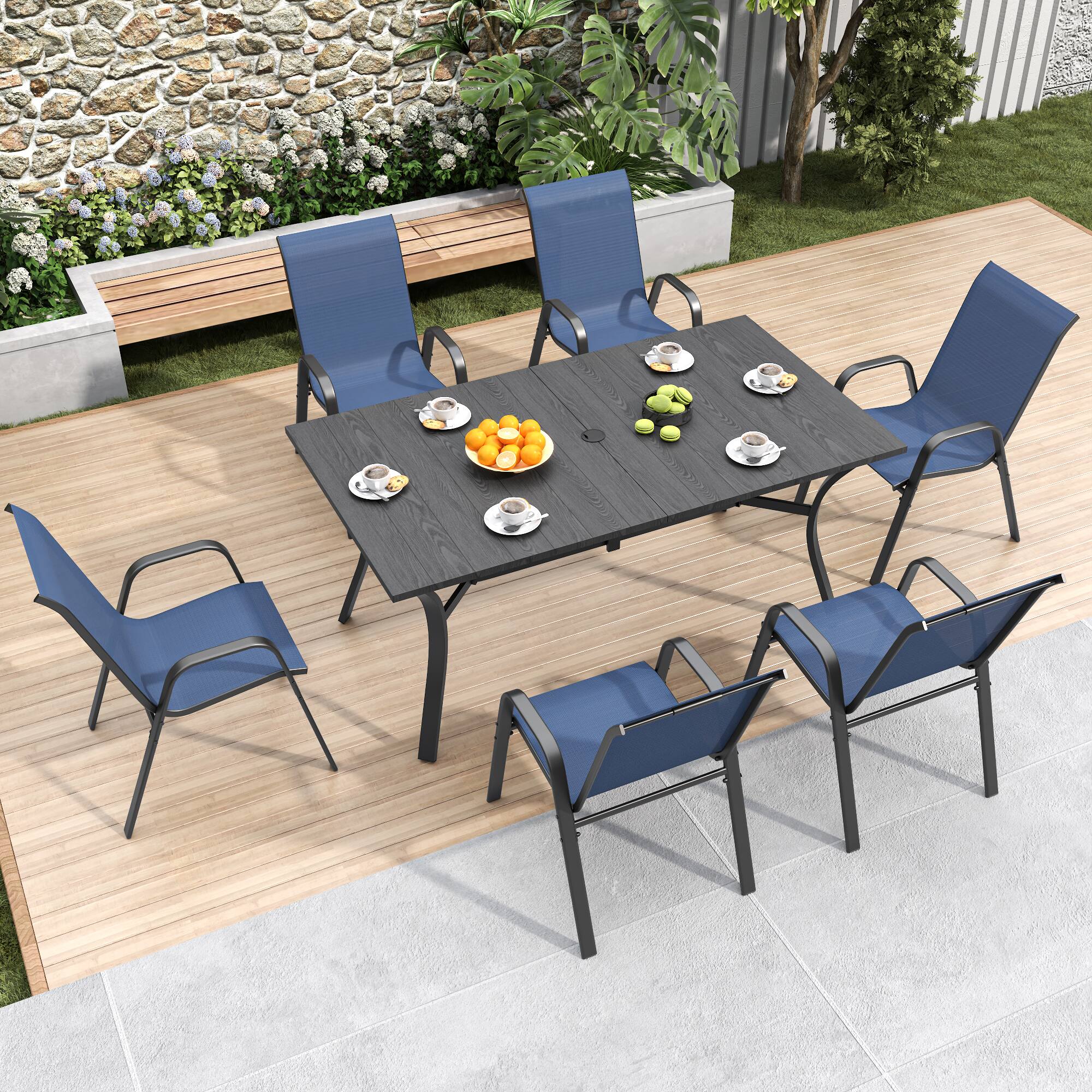 Back. Mondawe - 6-Piece Outdoor Dining Chairs Set, Teslin Fabric and Metal Frame - Black+Navy Blue.