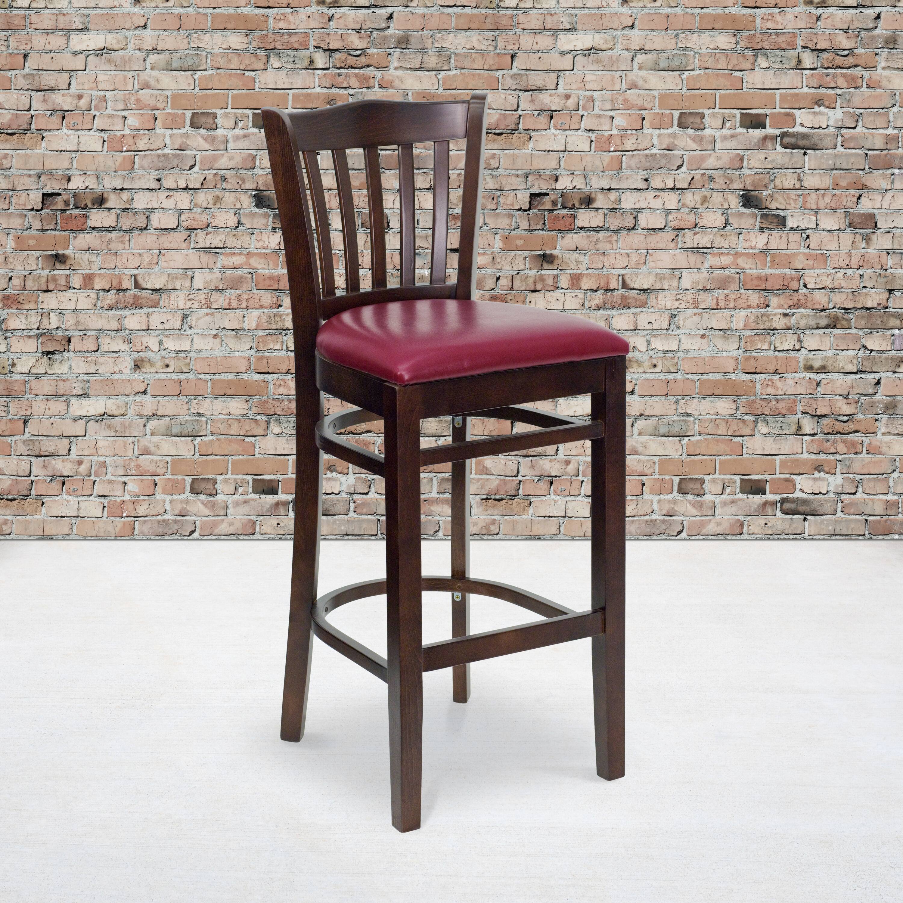 Alt View 1. Emma + Oliver - Vertical Slat Back Wooden Restaurant Dining Barstool - Burgundy Vinyl Seat/Walnut Wood Frame.