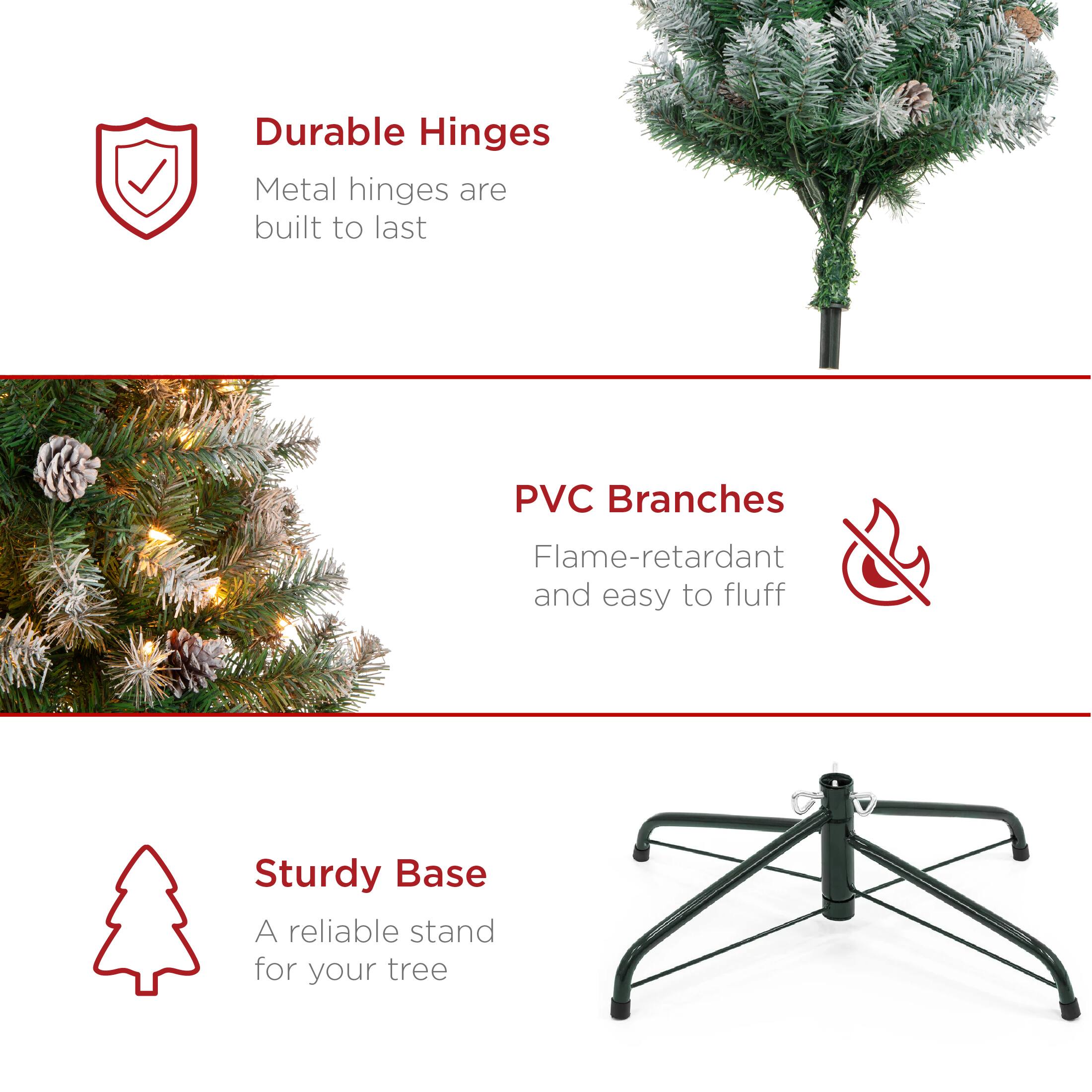 Durable Hinges: Metal hinges are built to last.

PVC Branches: Flame-retardant and easy to fluff.

Sturdy Base: A reliable stand for your tree.