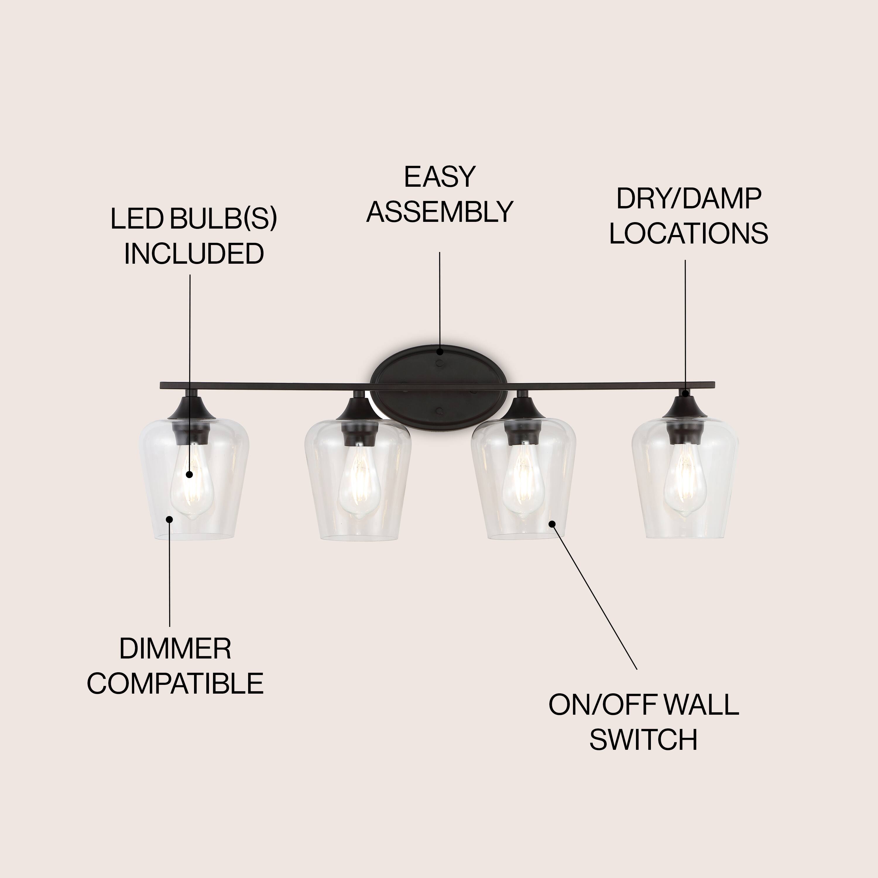 LED BULB(S) INCLUDED  
EASY ASSEMBLY  
DRY/DAMP LOCATIONS  
DIMMER COMPATIBLE  
ON/OFF WALL SWITCH