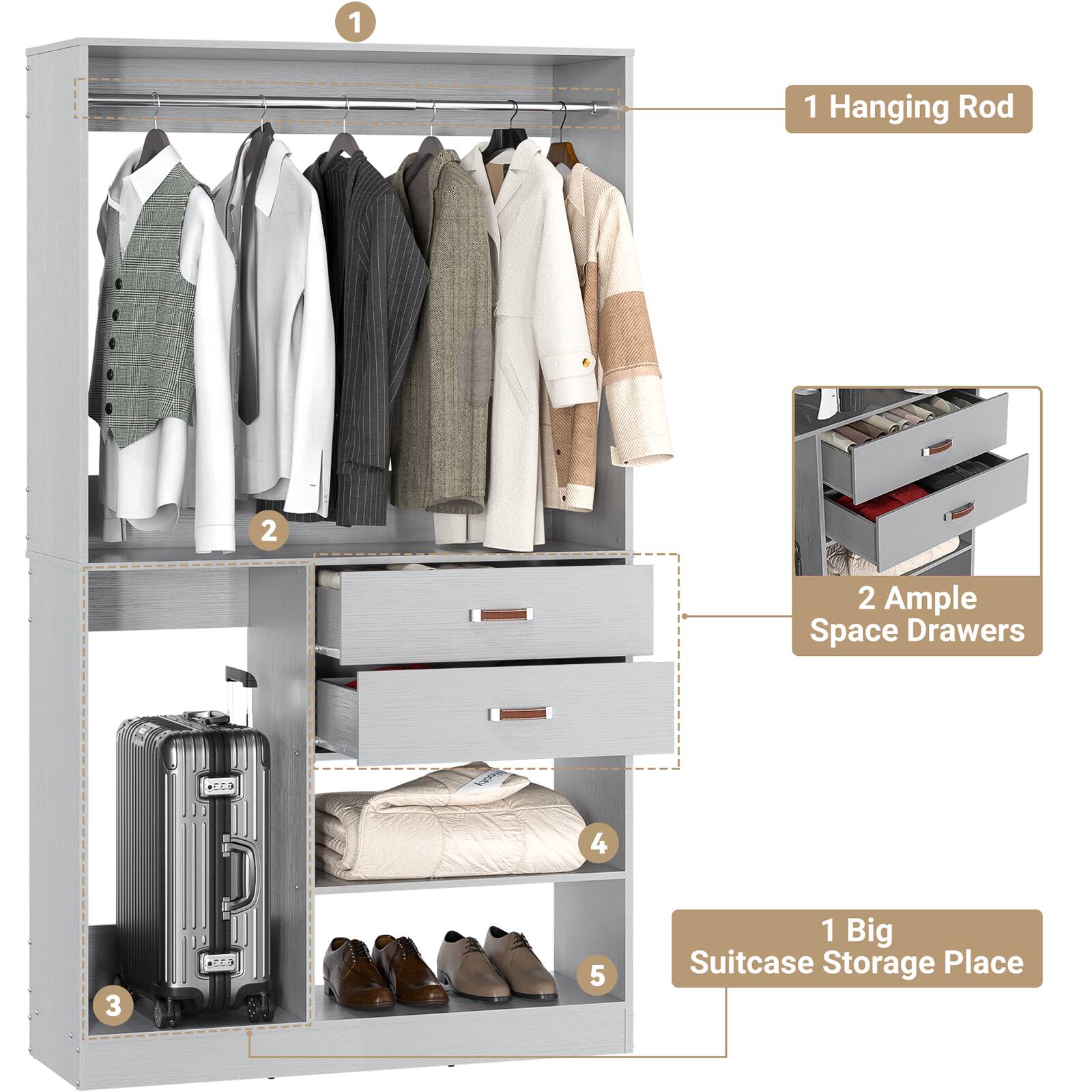 1. Hanging Rod
2. Ample Space Drawers
3. 1 Big Suitcase Storage Place