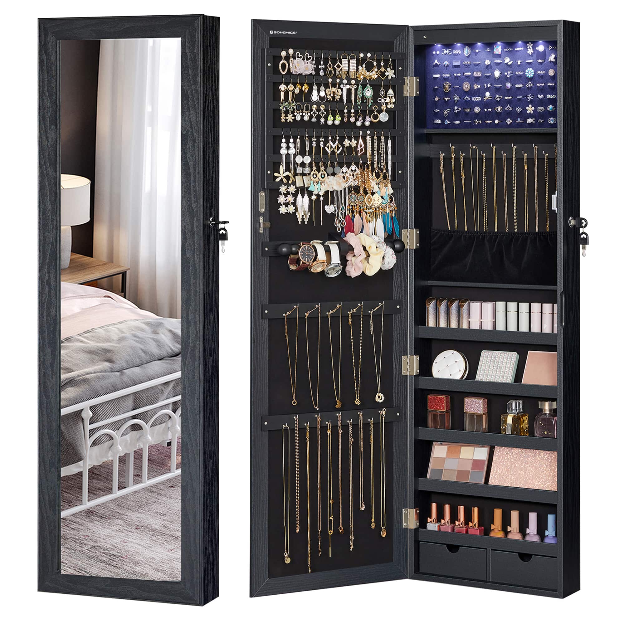 Songmics Home - 6 LEDs Mirror Jewelry Cabinet, 47.2-Inch Tall Lockable Wall or Door Mounted Jewelry Armoire Organizer with Mirror - Black price history on PriceWatchPro