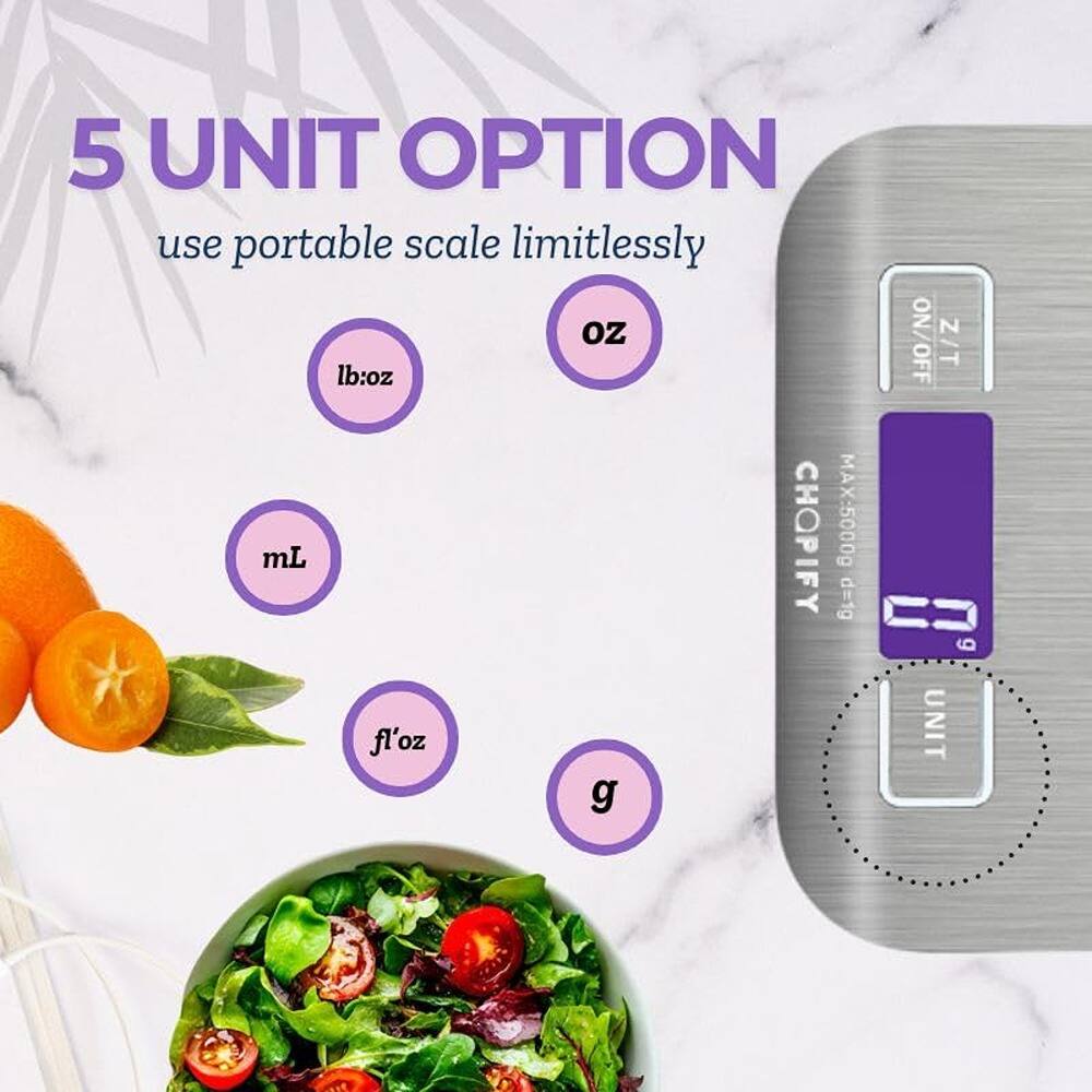 5 UNIT OPTION  
use portable scale limitlessly  

- lb:oz  
- oz  
- mL  
- fl'oz  
- g  

MAX: 5000g  
d=1g  

ON/OFF  
Z/T  
UNIT