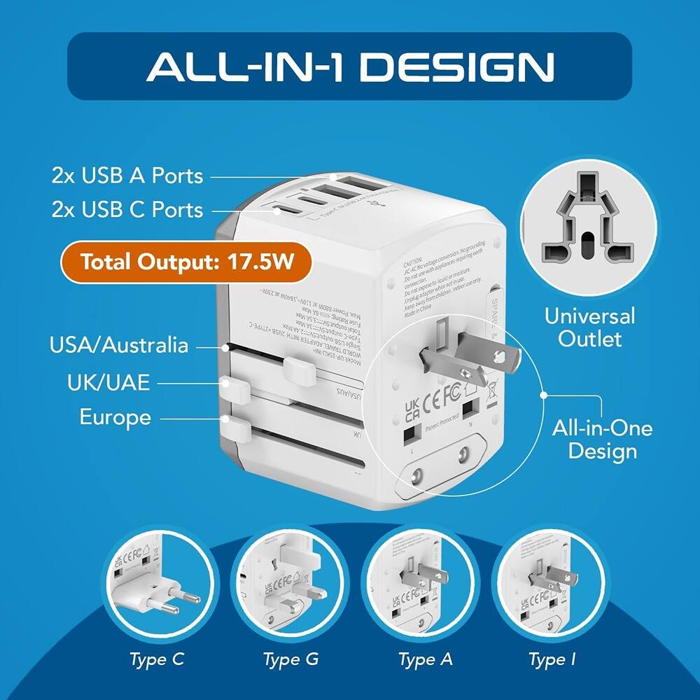 ALL-IN-1 DESIGN

2x USB A Ports  
2x USB C Ports  
Total Output: 17.5W  

USA/Australia  
UK/UAE  
Europe  

Universal Outlet  
All-in-One Design  

Type C  
Type G  
Type A  
Type I