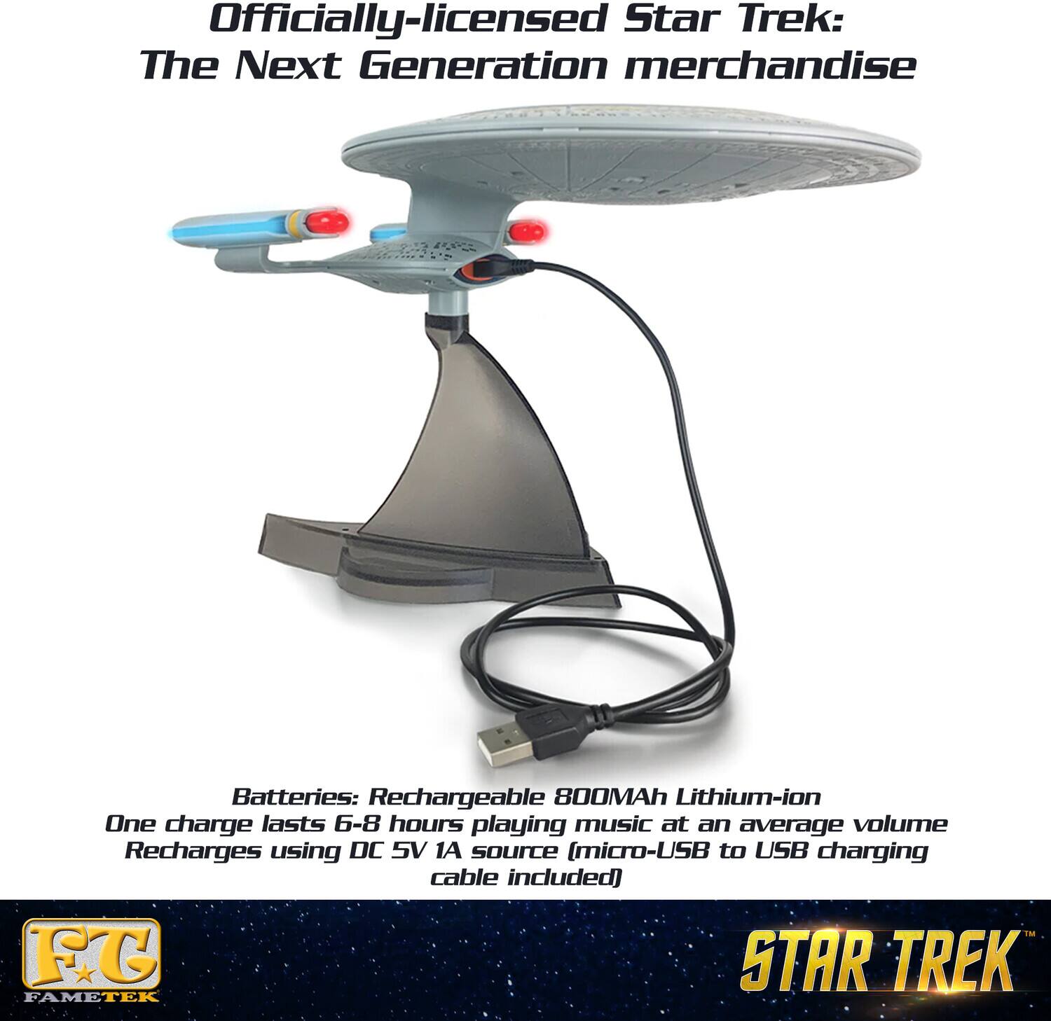 Officially-licensed Star Trek: The Next Generation merchandise

Batteries: Rechargeable 800mAh Lithium-ion
One charge lasts 6-8 hours playing music at an average volume
Recharges using DC 5V 1A source (micro-USB to USB charging cable included)

FG STAR TREK FAMETEK