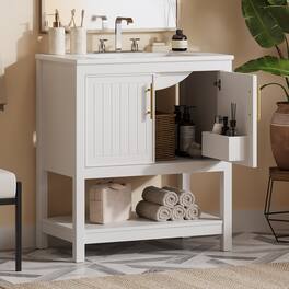 Whisen - 30-Inch Bathroom Vanity with Ceramic Sink,Compact Storage Cabinet with Soft-Close Doors - White