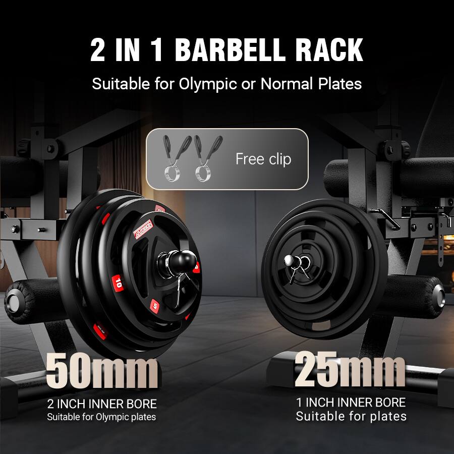 2 IN 1 BARBELL RACK  
Suitable for Olympic or Normal Plates  

Free clip  

50mm  
2 INCH INNER BORE  
Suitable for Olympic plates  

25mm  
1 INCH INNER BORE  
Suitable for plates