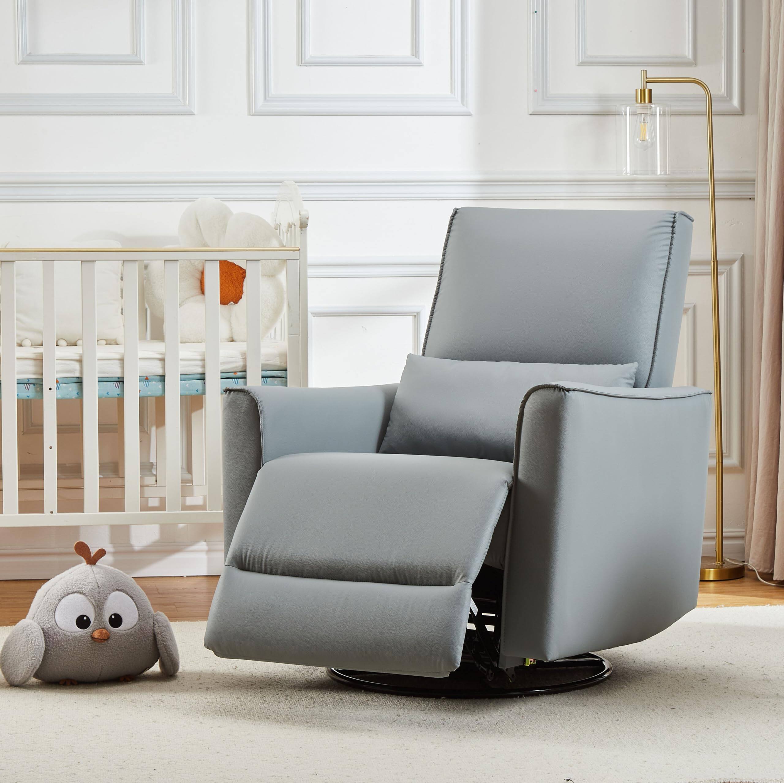 Back. Homhougo - 360° Swivel Rocking Recliner Chair, Glider Rocking Chair, Upholstered Faux Leather Reclining - Gray.