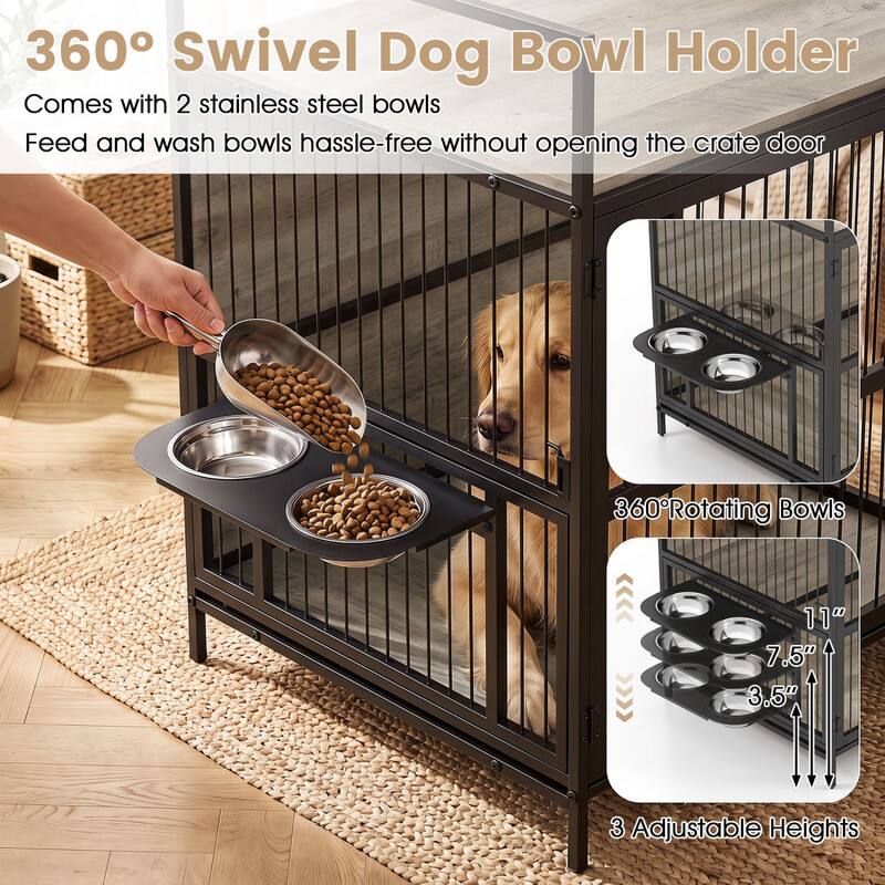 360° Swivel Dog Bowl Holder  
Comes with 2 stainless steel bowls  
Feed and wash bowls hassle-free without opening the crate door  

360° Rotating Bowls  
11" 7.5" 3.5"  
3 Adjustable Heights