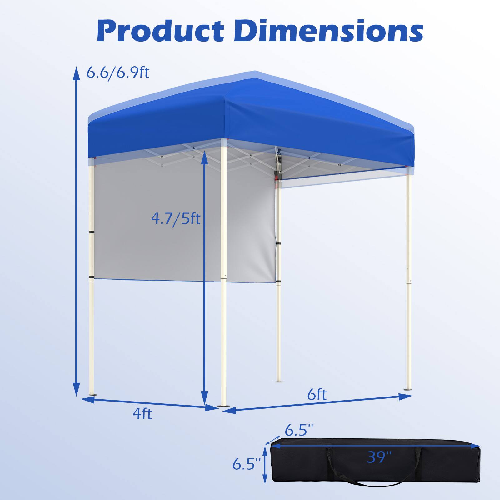 Product Dimensions

- Height: 6.6/6.9ft
- Width: 6ft
- Depth: 4ft
- Side Height: 4.7/5ft
- Base Width: 6.5"
- Base Depth: 6.5"
- Bag Dimensions: 39" x 5" x 6.5"