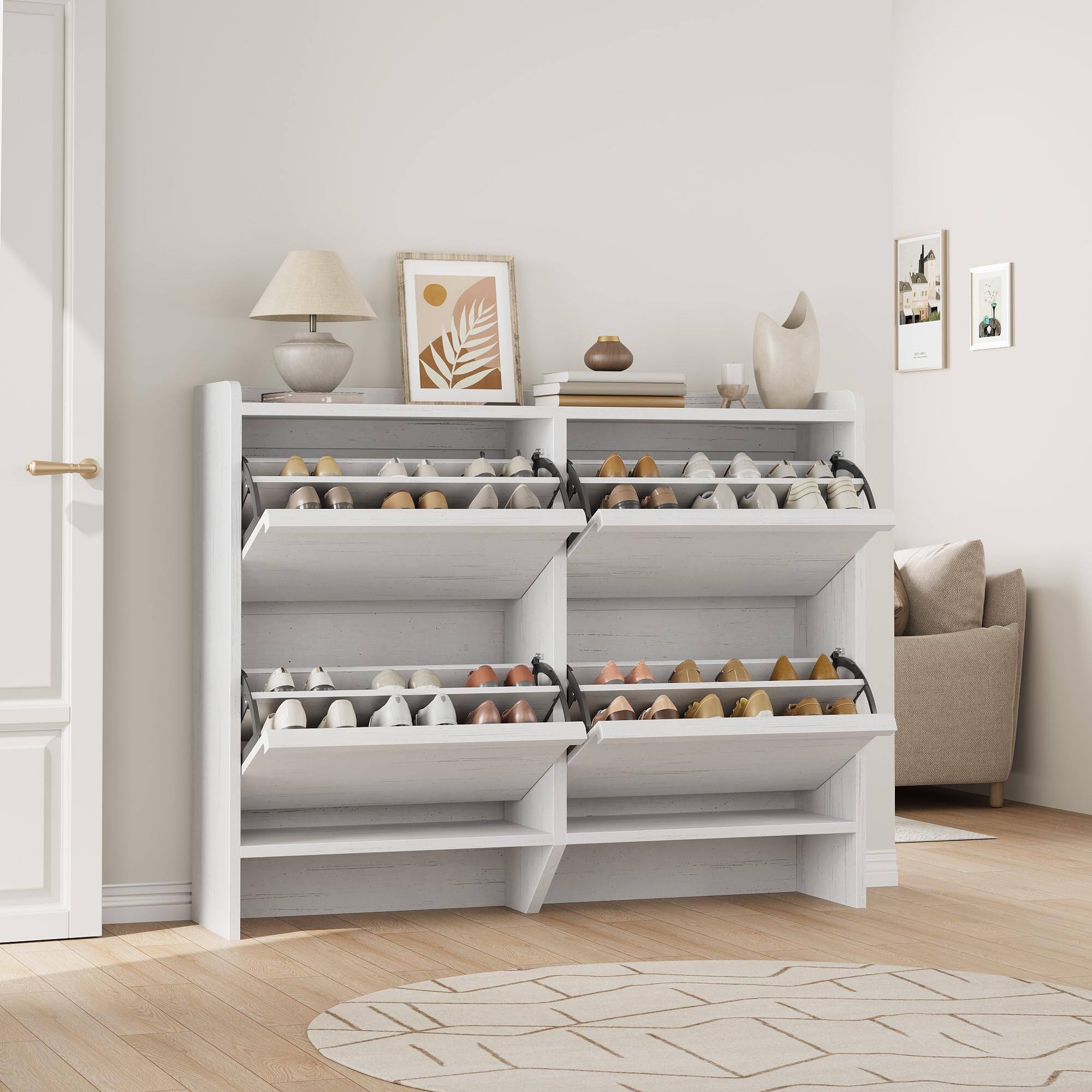 Back. Babevy - Shoe Cabinet with 4 Flip Drawers & Adjustable Shelf, Wooden Large Hidden Shoe Storage for Entryway or Hallway - White.