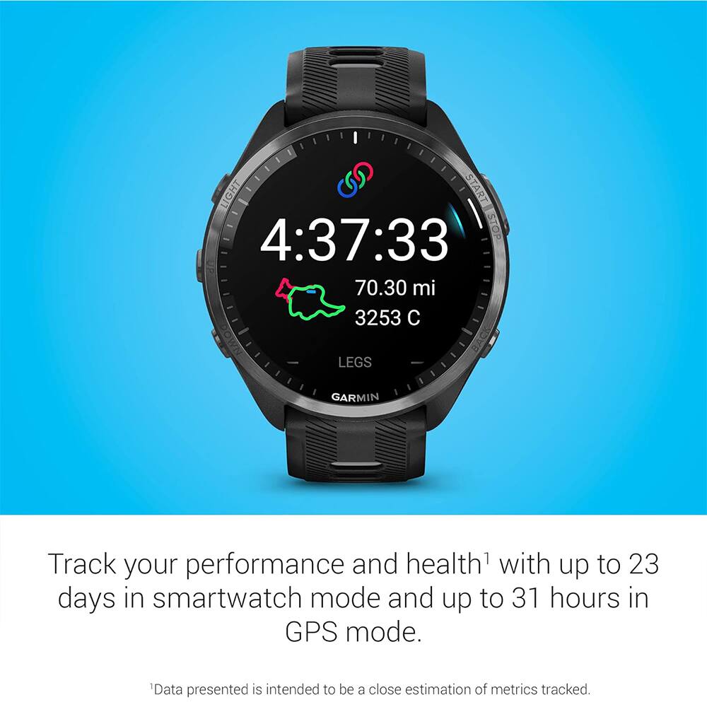LIGHT START 4:37:33 STOP 70.30 mi 3253 C LEGS GARMIN

Track your performance and health¹ with up to 23 days in smartwatch mode and up to 31 hours in GPS mode.

¹Data presented is intended to be a close estimation of metrics tracked.