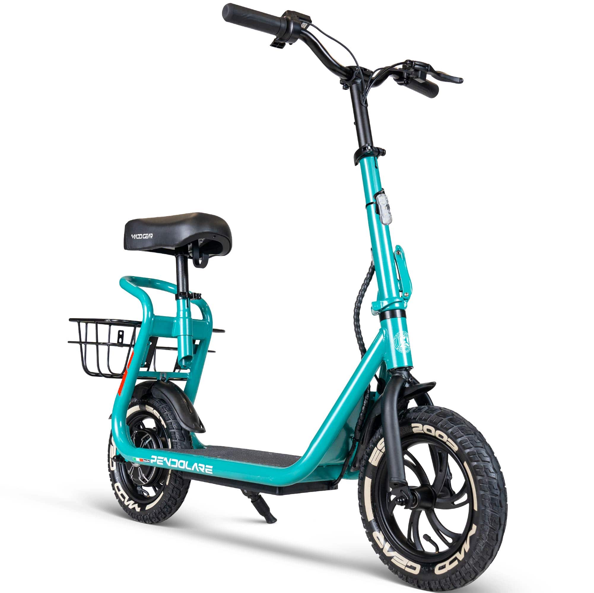Electric Scooter with Seat & Basket for Adults & Teens – Long Range 18 Miles, 450W Motor, Foldable – Madd Gear Pendolare - Teal