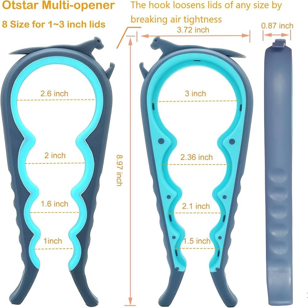 Otstar Multi-opener  
8 Size for 1~3 inch lids  

The hook loosens lids of any size by breaking air tightness  

- 2.6 inch  
- 2 inch  
- 1.6 inch  
- 1 inch  
- 3 inch  
- 2.36 inch  
- 2.1 inch  
- 1.5 inch  

8.97 inch  
3.72 inch  
0.87 inch