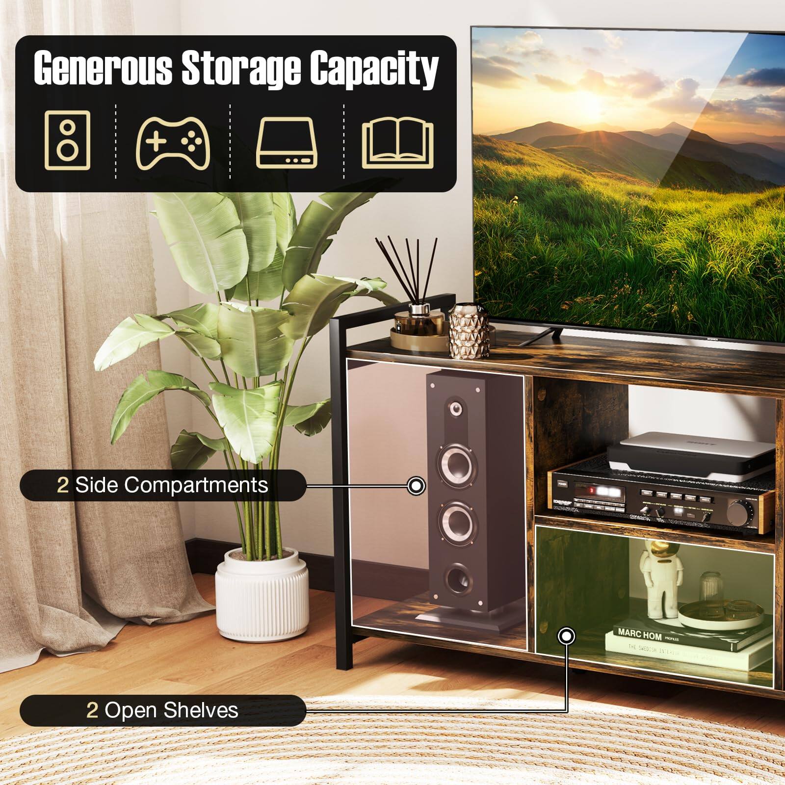 Generous Storage Capacity  
2 Side Compartments  
2 Open Shelves