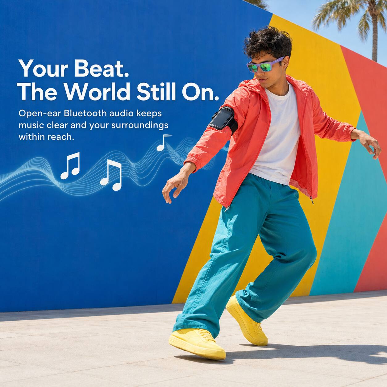 Your Beat. The World Still On.  
Open-ear Bluetooth audio keeps music clear and your surroundings within reach.