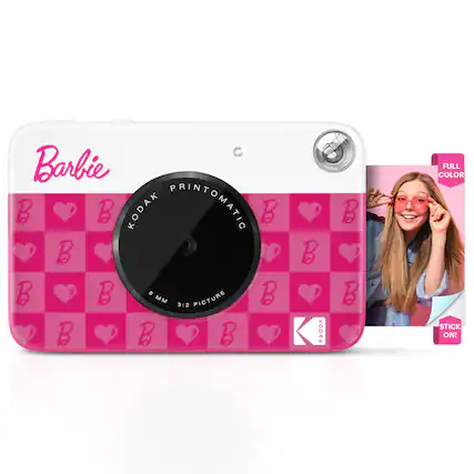 Barbie Kodak Printomatic camera with a pink and white checkered design. The camera has a heart pattern and is full color. The camera is designed to take 3:2 pictures.