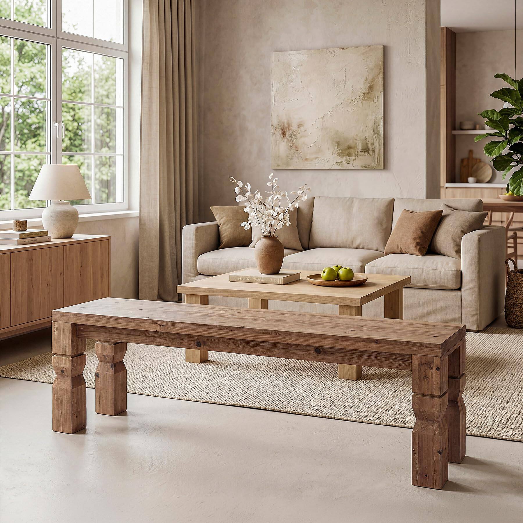 Alt View 1. Tribesigns - LITTLE TREE Solid Wood Bench 55-Inch Long Farmhouse Wooden Bench Seat for Entryway, End of Bed, Dining Room, Living Room - Rustic Brown.