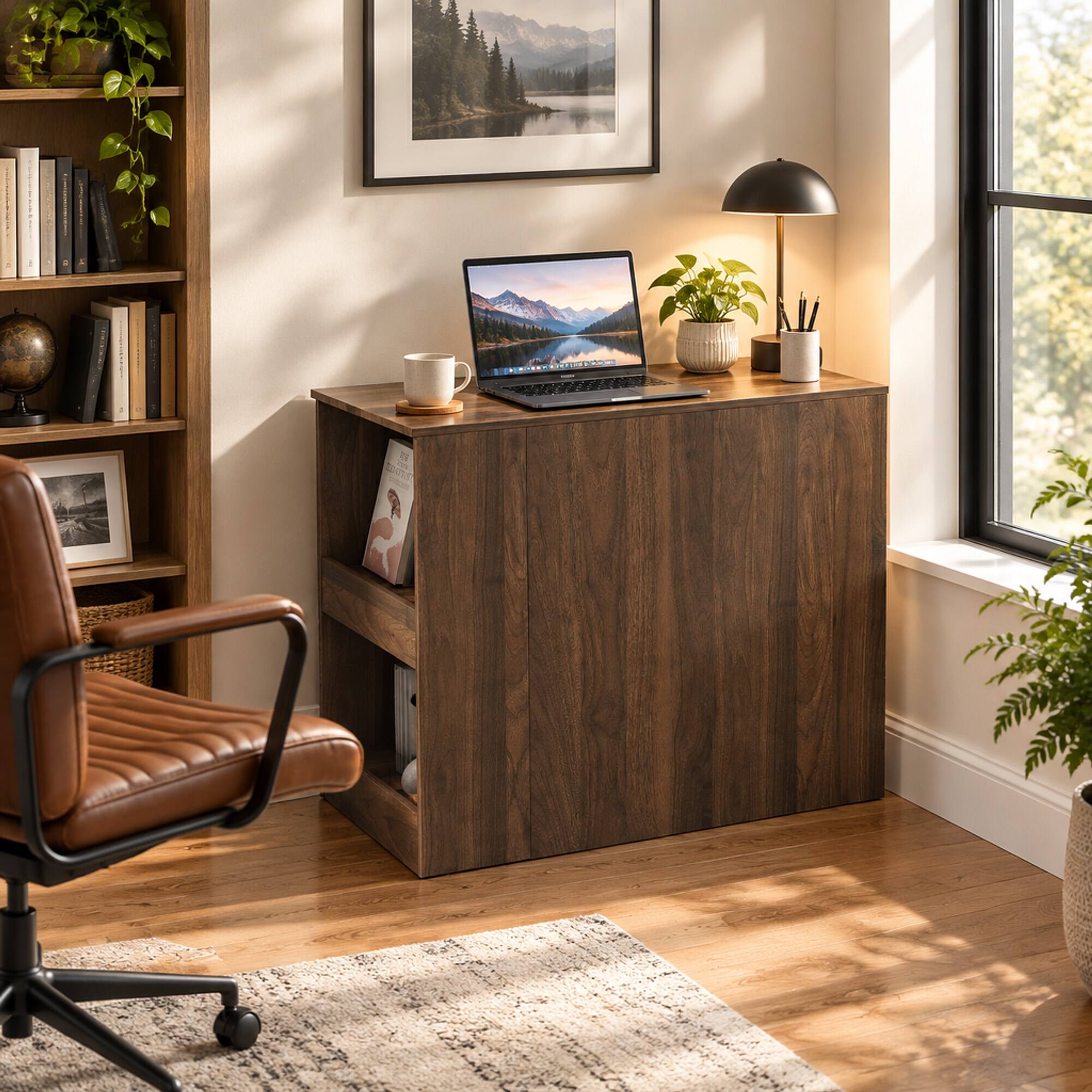 Angle. RYHNUYNE - Modern Corner Computer Desk with Drawers and Storage Shelves, 15mm Particle Board, Foldable Writing Table for Home - Walnut.