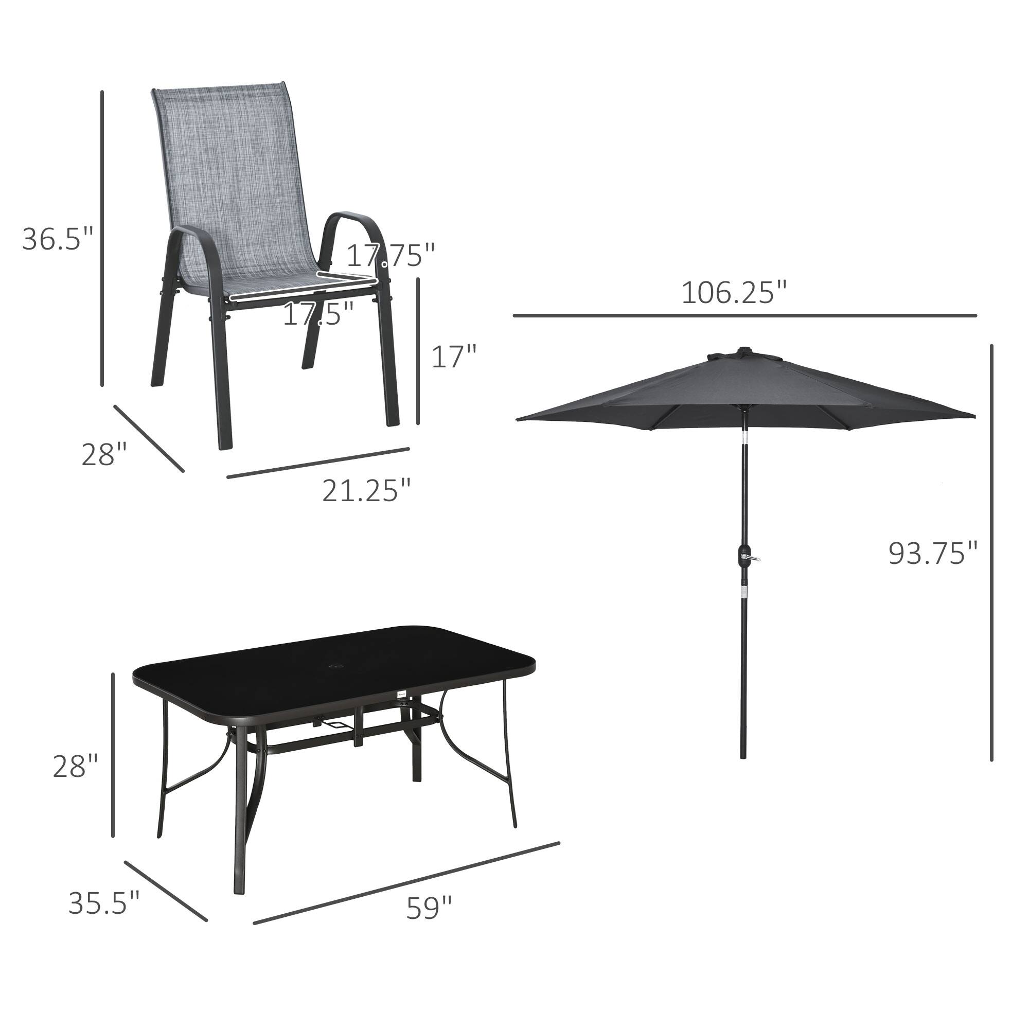 Chair: 36.5", 17.75", 17", 17.5", 28", 21.25"
Table: 28", 35.5", 59"
Umbrella: 106.25", 93.75"