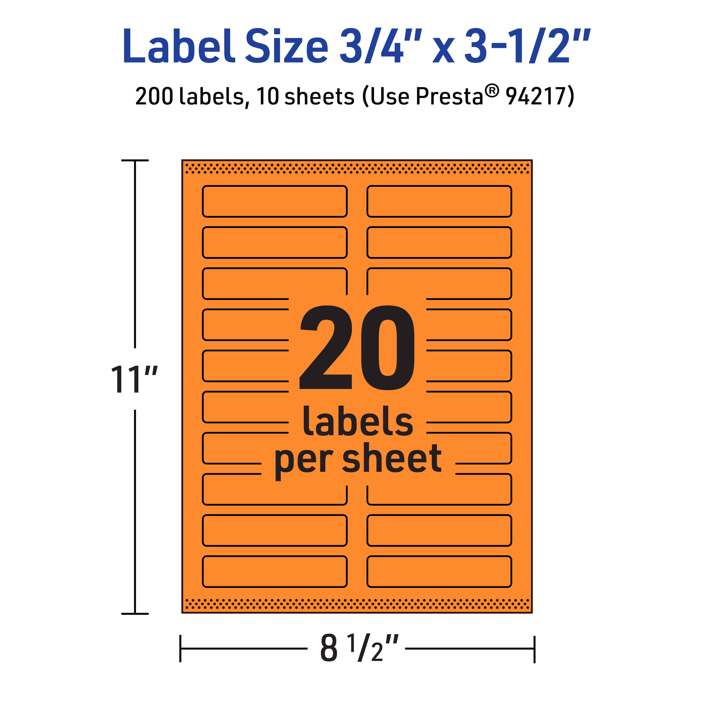 Label Size 3/4" x 3-1/2"  
200 labels, 10 sheets (Use Presta® 94217)  
20 labels per sheet  
11" x 8 1/2"