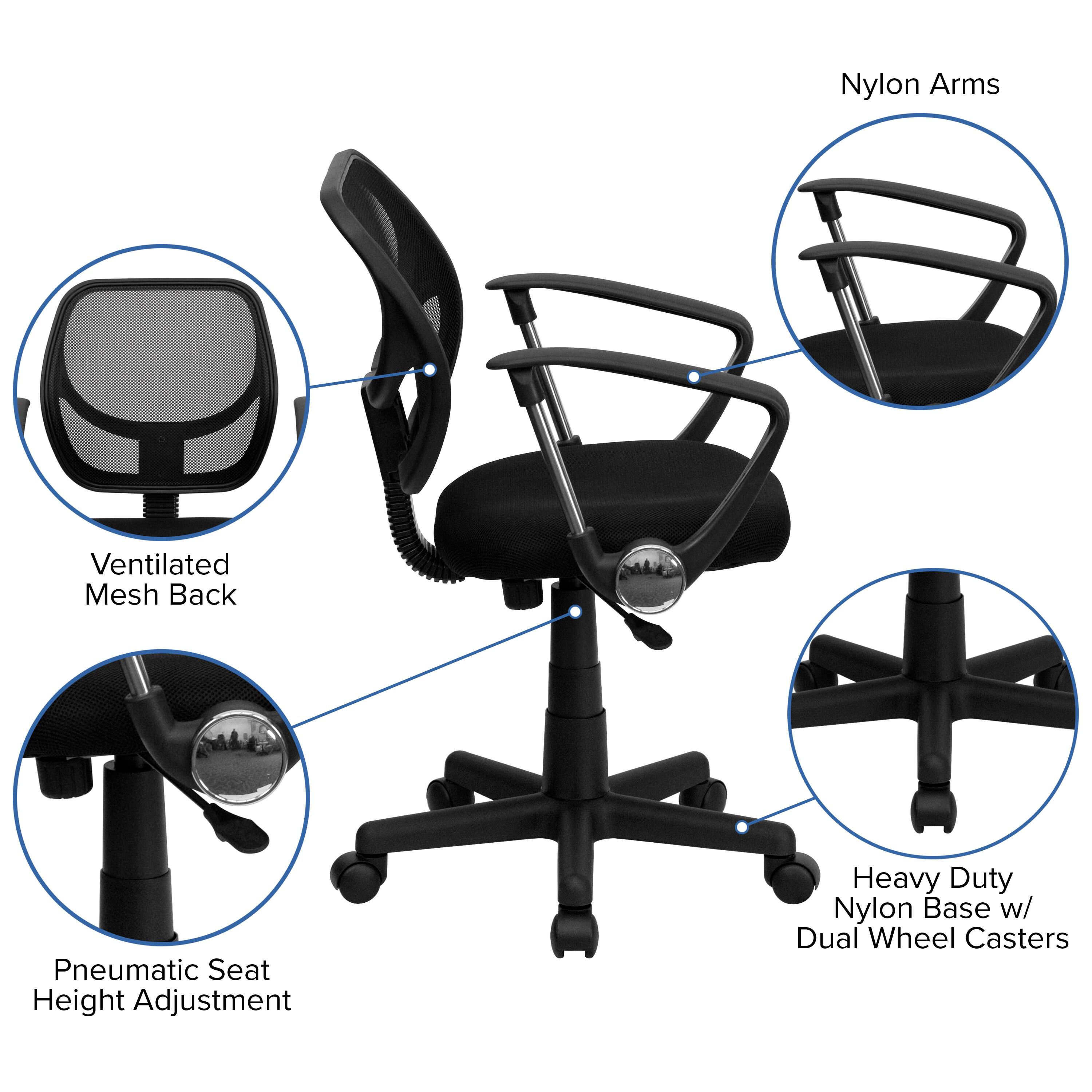 Nylon Arms  
Ventilated Mesh Back  
Pneumatic Seat Height Adjustment  
Heavy Duty Nylon Base w/ Dual Wheel Casters