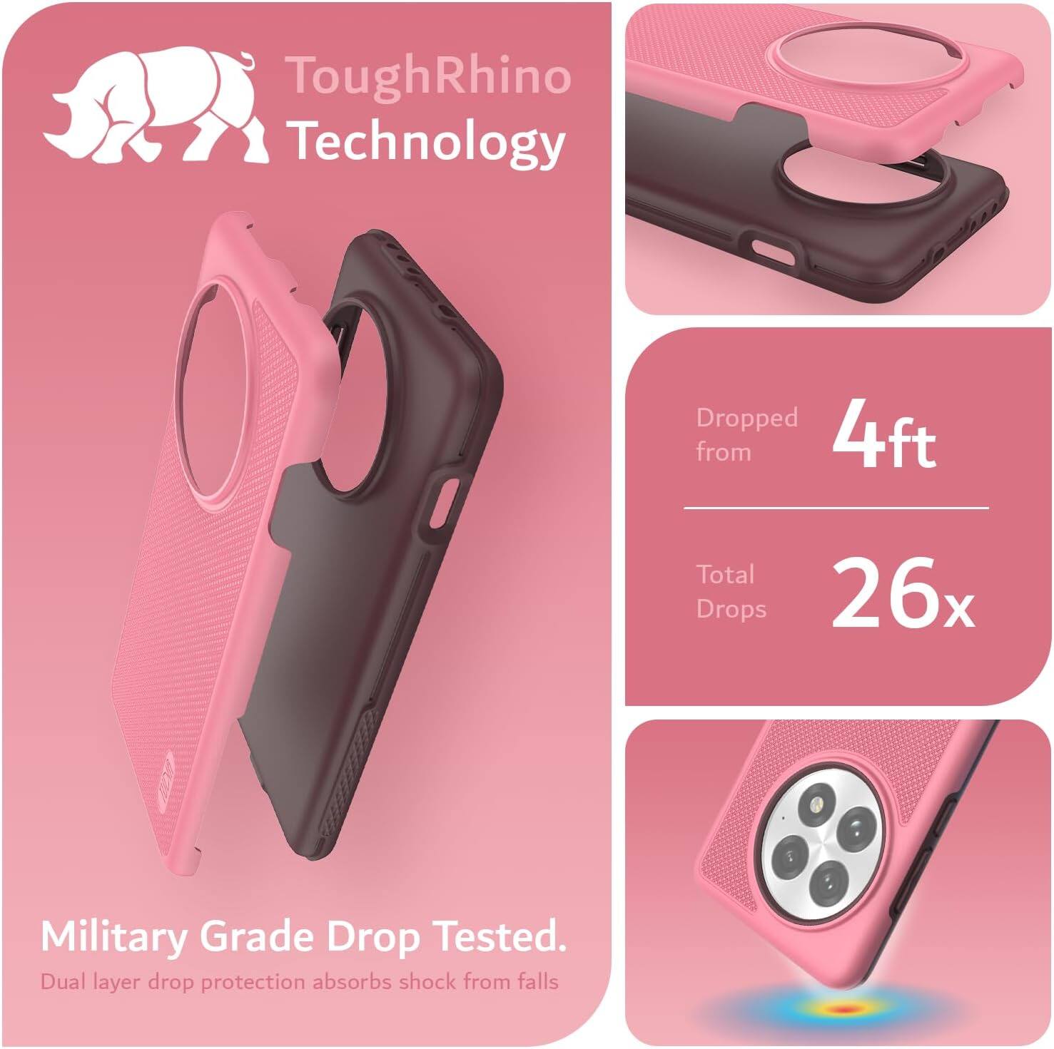 ToughRhino Technology

Dropped from 4ft  
Total Drops 26x

Military Grade Drop Tested.  
Dual layer drop protection absorbs shock from falls