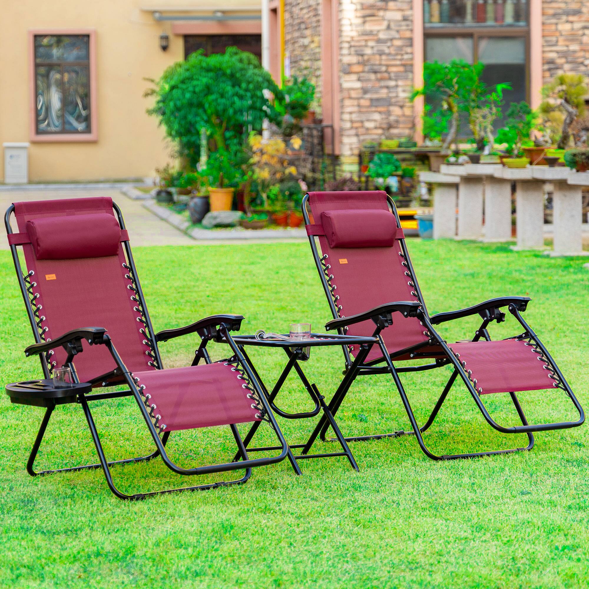 Angle. Outsunny - Outsunny Zero Gravity Chair Set with Side Table, Folding Reclining Chair with Cupholders & Pillows - Wine Red.