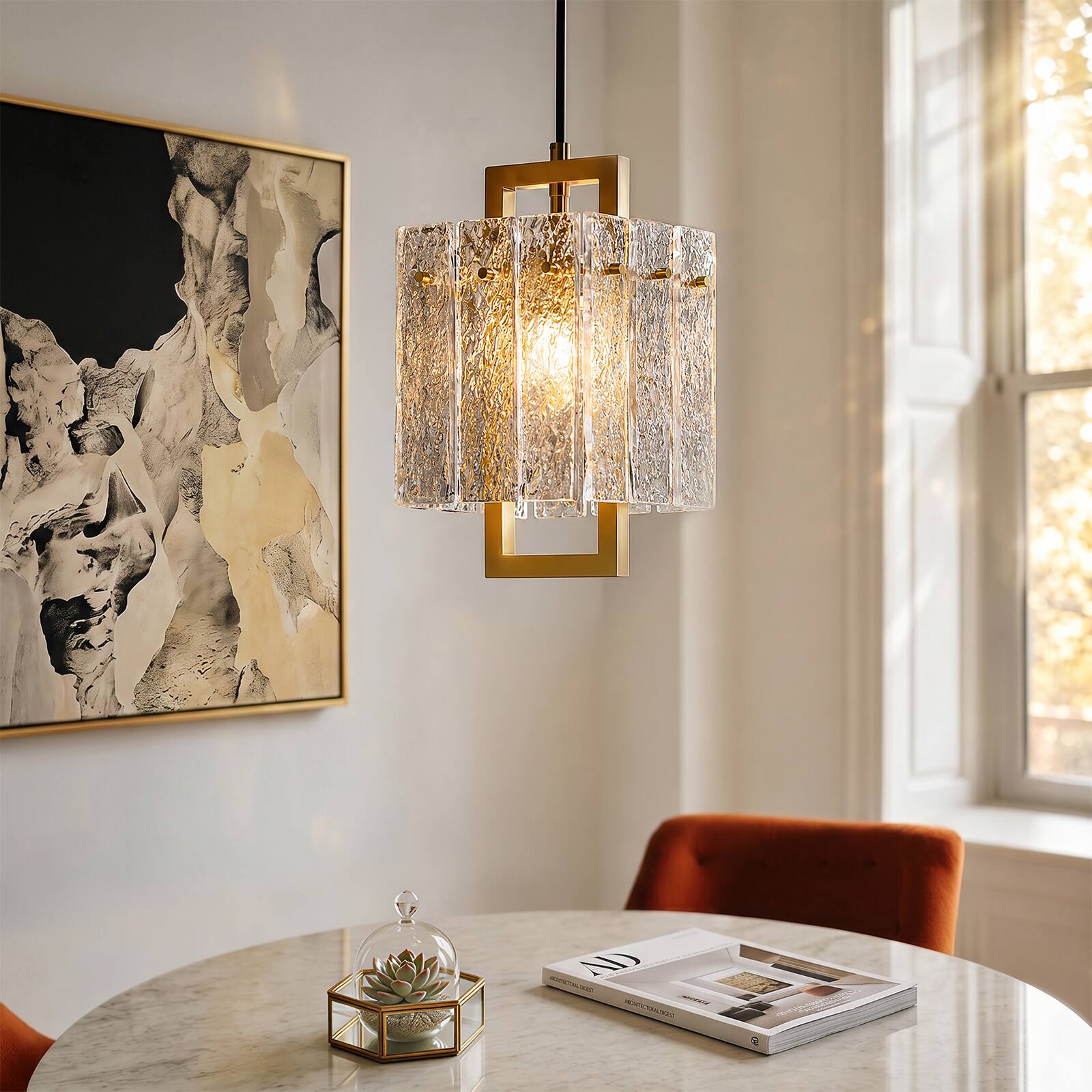 Left. Siljoy - Square Frame Cracked Glass Lampshade Pendant Light - Gold.