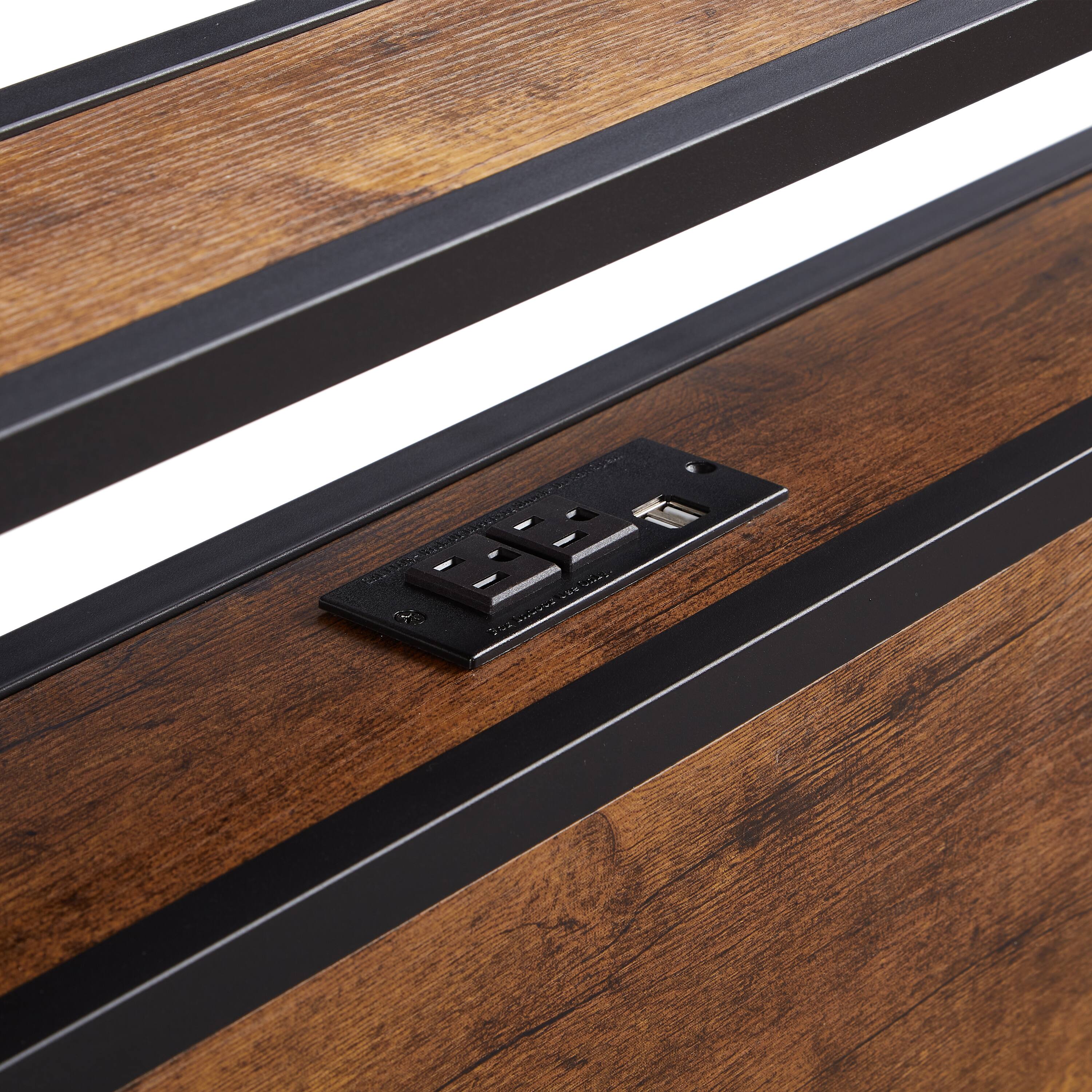 Alt View 1. LUCKY ONE - Twin Size Metal Platform Bed Frame with Wooden Headboard and Footboard with USB LINER - Black+Brown.