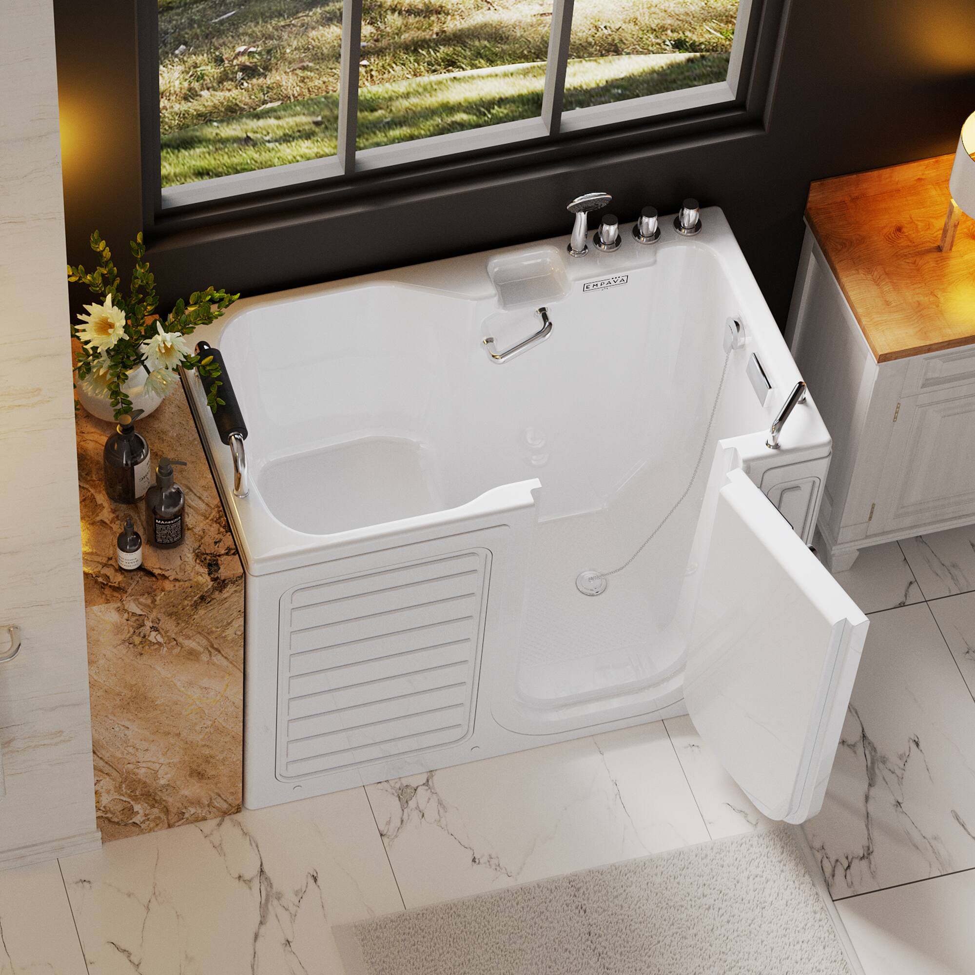 Angle. Empava - 54 in. x 30 in. Right Drain Deep Soaking Walk-in Bathtub - Outward Opening Door - Low Threshold for Senior Care in White - White.